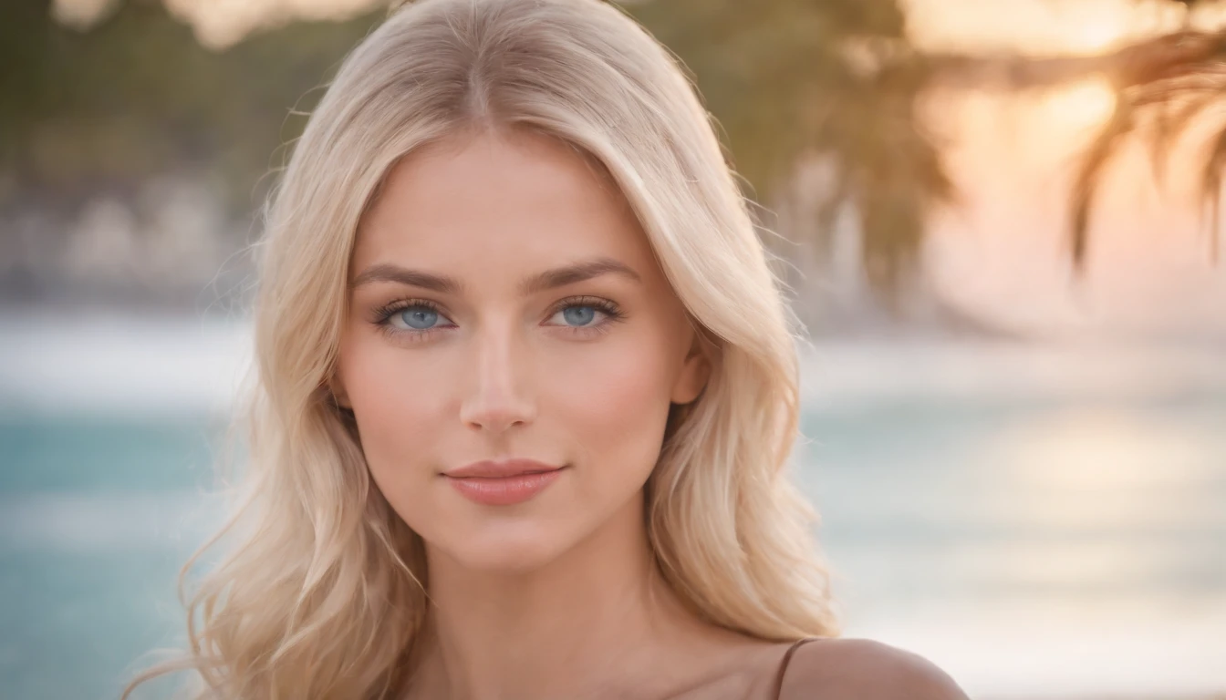Pretty Woman, Windy blonde hair, bright blue eyes, realisitic, masutepiece, The Details, 4k, Beach background, High-detail lighting, little smile, Black skin, Wake up、masterpiece, Top Quality, High Quality, Hight Resolution