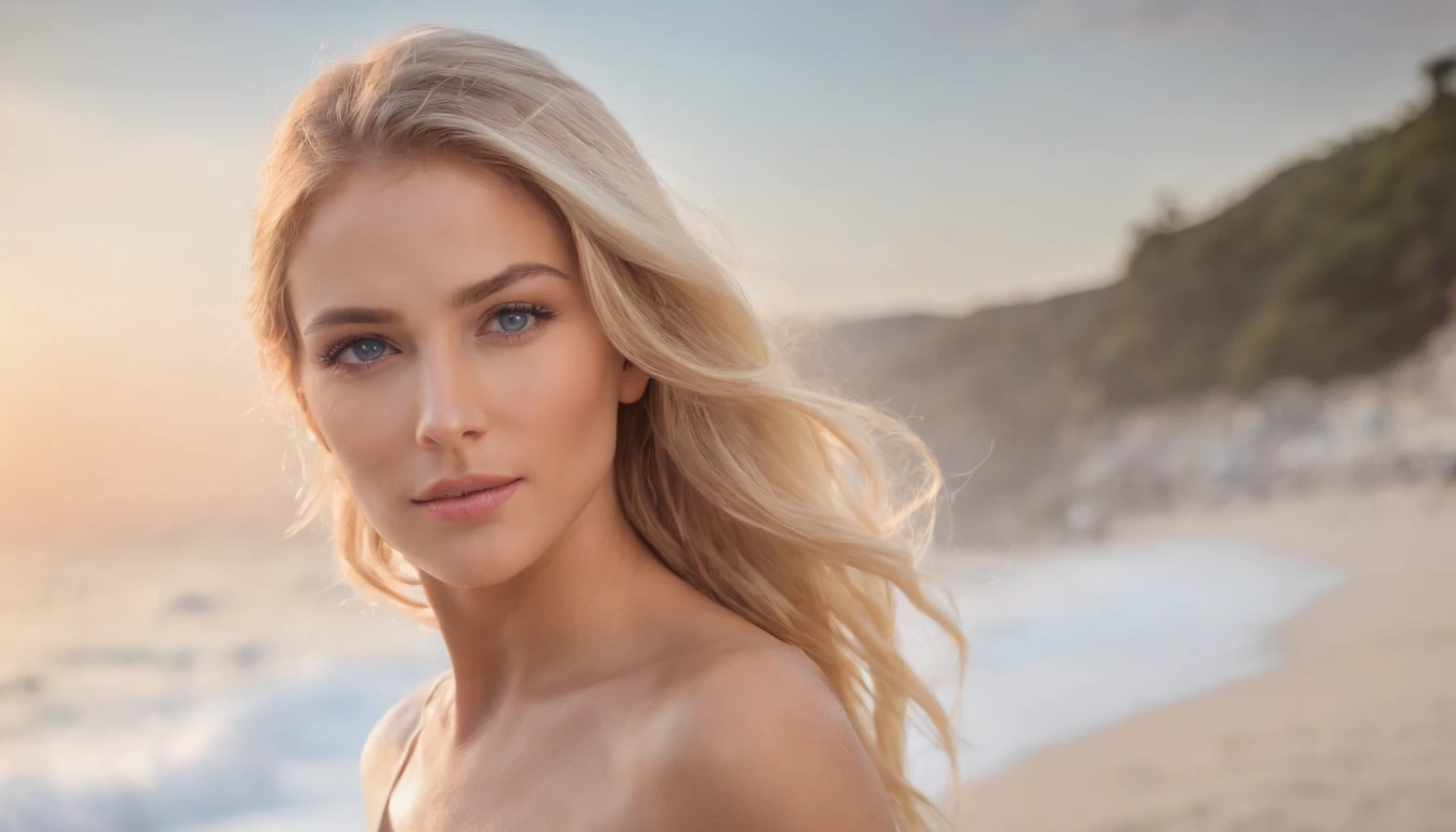 NSFW - NUDE half-length photograph of gorgeous  blonde playing in shallow water on beach. Beautiful soft light, near sunrise. Wet hair, wet body. Perfect nipples.