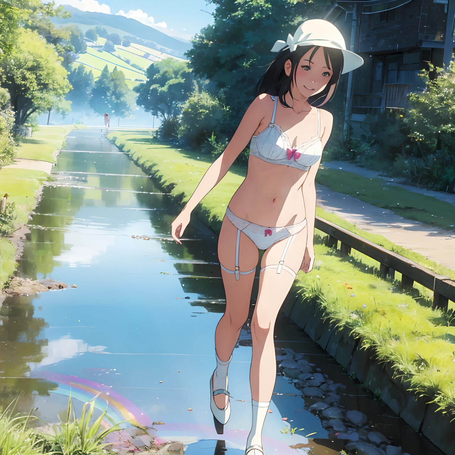 Positive feeling Girl Afternoon Good day Walk after rain Sunny rainbow Sky Head up White suspender little lingerie,White thong panties countryside happy vista puddles