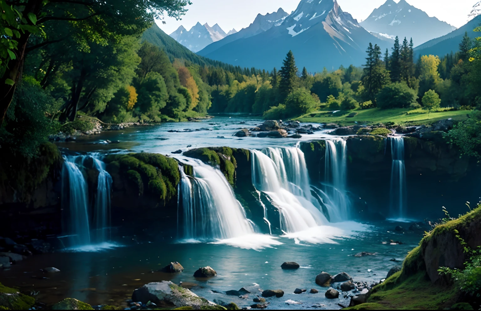 Beautiful realistic landscape with mountains, trees and waterfall