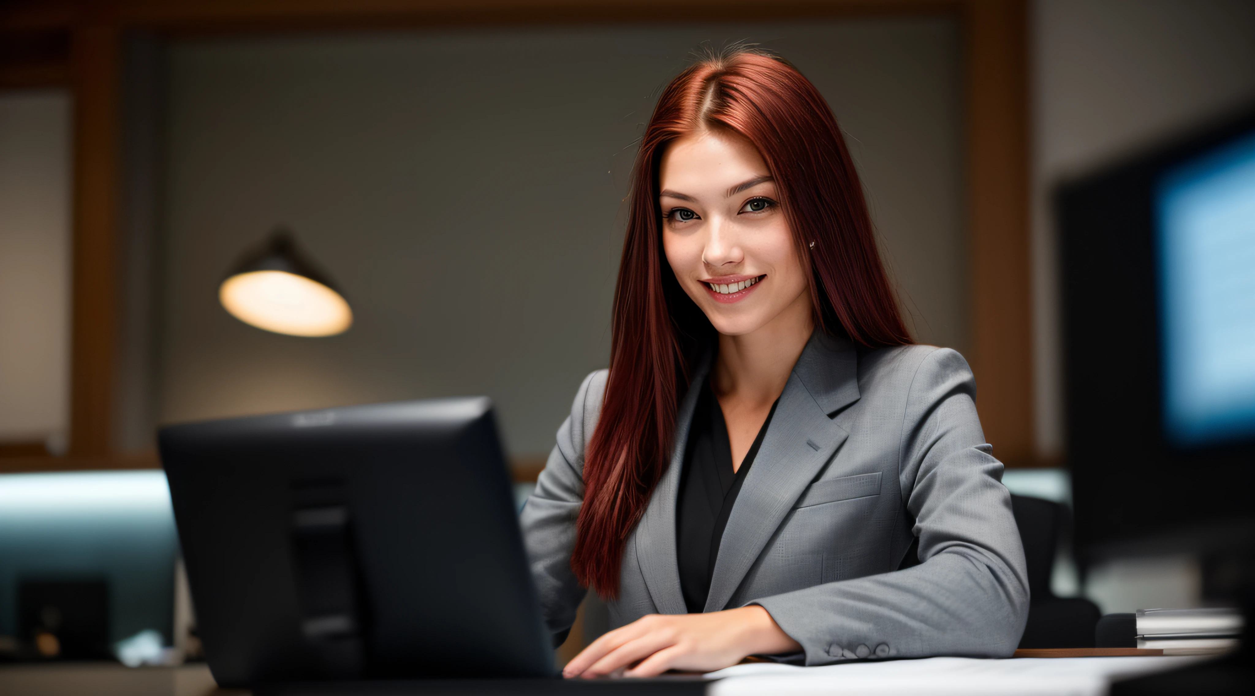 (Straight mid-body shot: 4.4), RAW UHD portrait photo [by ((Jeremy Lipking:0.3), (Dittmann Anna:0.3), (Arian Mark:0.3))], (dark red hair), (grey eyes) fit girl, lean girl, happy smiling, business woman wearing a (black lawyer suit), sitting at (a computer desk), Details (Textures! , Hair! , Shine, Color!! , Drawbacks: 1.1), eyes with high detail (Looking at the camera), SLR lighting, SLR camera, Ultra quality, sharpness, Depth of field, Film grain (center), Fujifilm XT3, Crystal clear, Center of the frame, Beautiful face, sharp focus, Bokeh (Low light), Night, detailed skin pores, oily skin, burn, Complex eye details.