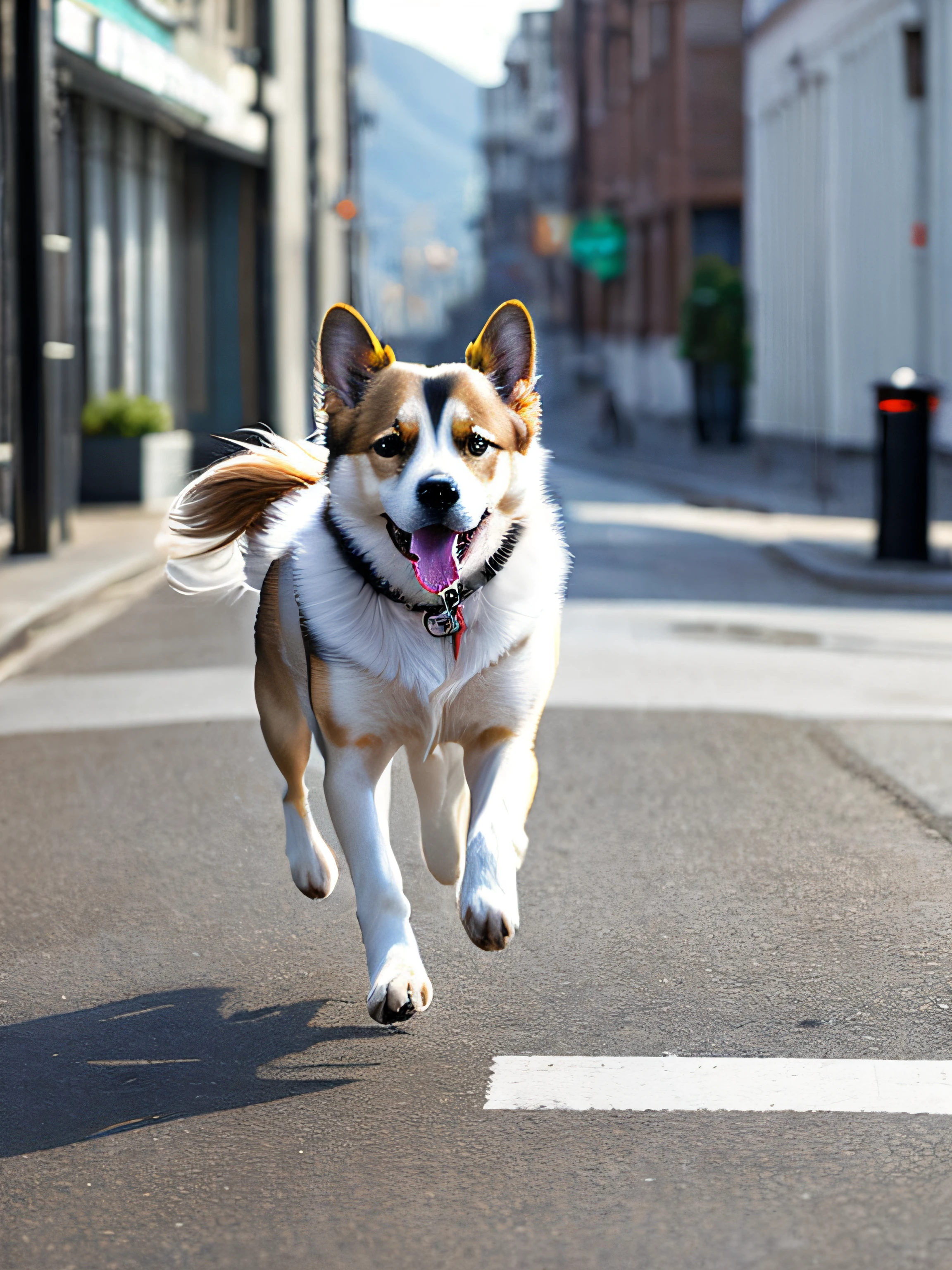 a realistic dog, that is running on a street