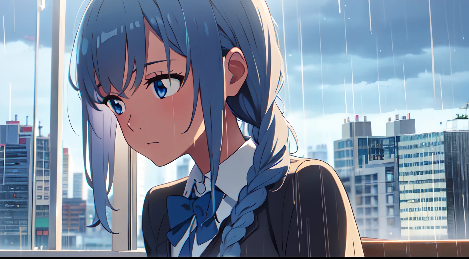 masterpiece, best quality, 1girl, solo, tanned skin, light blue hair, wavy curly hair, braiding, with blue eyes, rain, city, school uniform, sky, close up
