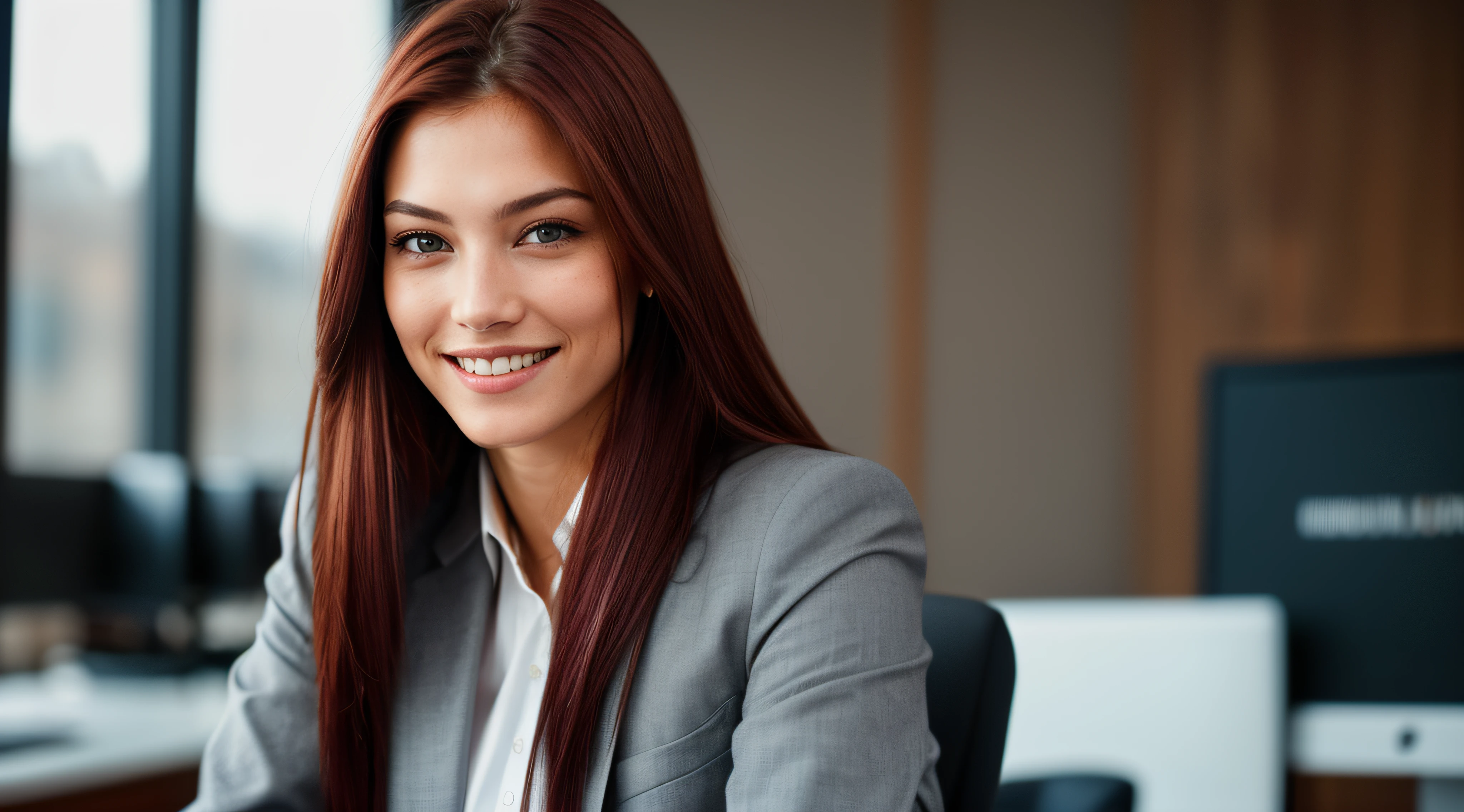 (Straight mid-body shot: 4.4), RAW UHD portrait photo [by ((Jeremy Lipking:0.3), (Dittmann Anna:0.3), (Arian Mark:0.3))], (dark red hair), (grey eyes) fit girl, lean girl, happy smiling, business woman wearing a (black lawyer suit), sitting at (a computer desk), Details (Textures! , Hair! , Shine, Color!! , Drawbacks: 1.1), eyes with high detail (Looking at the camera), SLR lighting, SLR camera, Ultra quality, sharpness, Depth of field, Film grain (center), Fujifilm XT3, Crystal clear, Center of the frame, Beautiful face, sharp focus, Bokeh (Low light), Night, detailed skin pores, oily skin, burn, Complex eye details.