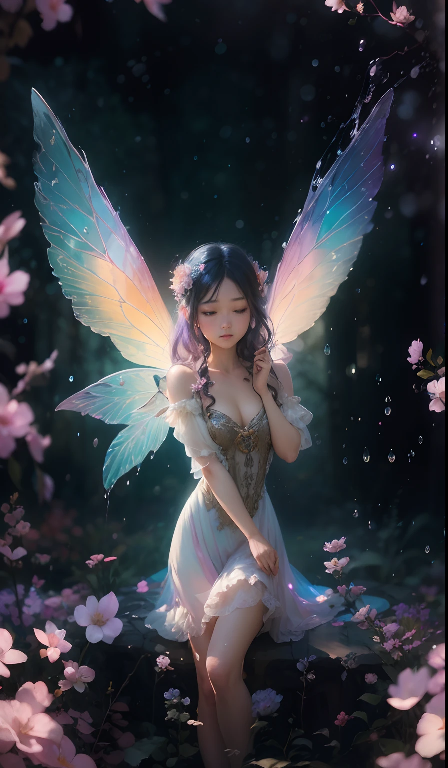 A whimsical, enchanting image of a vibrant, ethereal fairy perched on a delicate, leafy branch, their wings beating against the breeze. The fairy is wearing a white dress, intricate patterns and delicate, flowing furs adorn her body. A soft, dappled light illuminates her form, casting a warm, ethereal glow on the scene. In the background, a gently rippling, flowing river provides a mesmerizing contrast to the dreamy, otherworldly beauty of the fairy. fast shutter speed, soft lighting, f/2.8 aperture