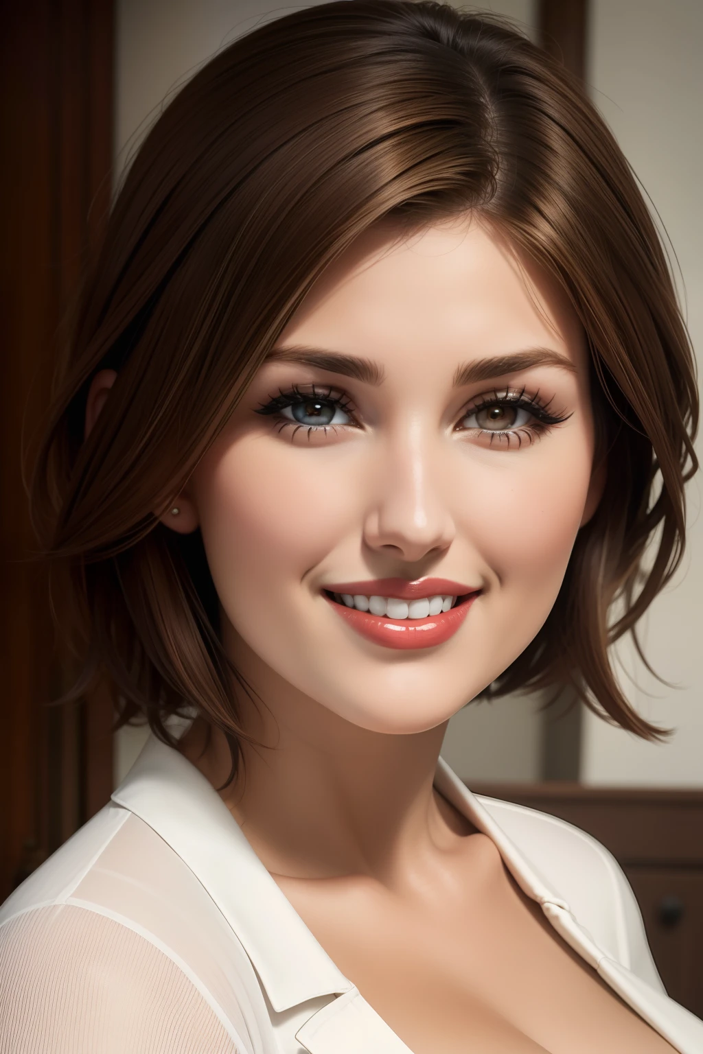 higly detailed, photo realism, young girl, pores on the face, European appearance, brown hair, Short Hair Hair, pale skin, Wavy Hair, Straight eyebrows, gray eyes, thin lips, Smiling, without bangs, plump cheeks, Broad face, nose with a hump, Non-contrasting appearance