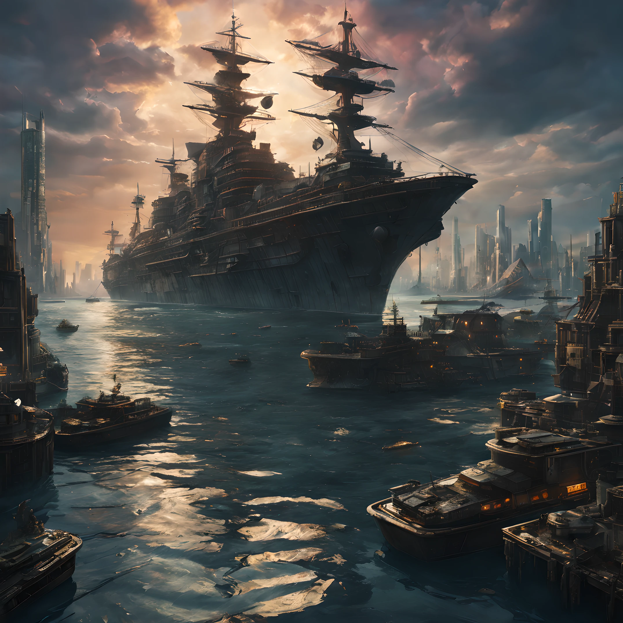 composition: "Create a mesmerizing composition set in a near-future, post-apocalyptic waterborne city that spans the decks of a colossal battleship. The scene should capture the vastness and intricacies of this maritime metropolis, showcasing both its architectural marvels and the remnants of a world gone by."
人物: "Within this futuristic aquatic world, imagine a diverse cast of characters who call this mobile city home. Picture resourceful engineers maintaining the ship's machinery, bold explorers charting uncharted waters, and leaders guiding the community through the challenges of a changed Earth. Their attire combines elements of salvaged materials with advanced technology, reflecting their adaptability and resilience."
Background with: "As the massive battleship-city sails across the post-apocalyptic seascape, the remnants of a once-thriving civilization are visible beneath the water's surface. Crumbled skyscrapers and submerged vehicles stand as eerie reminders of the world that was. Above, the water sparkles under the warm glow of the setting sun, casting a sense of hope over this reimagined world."