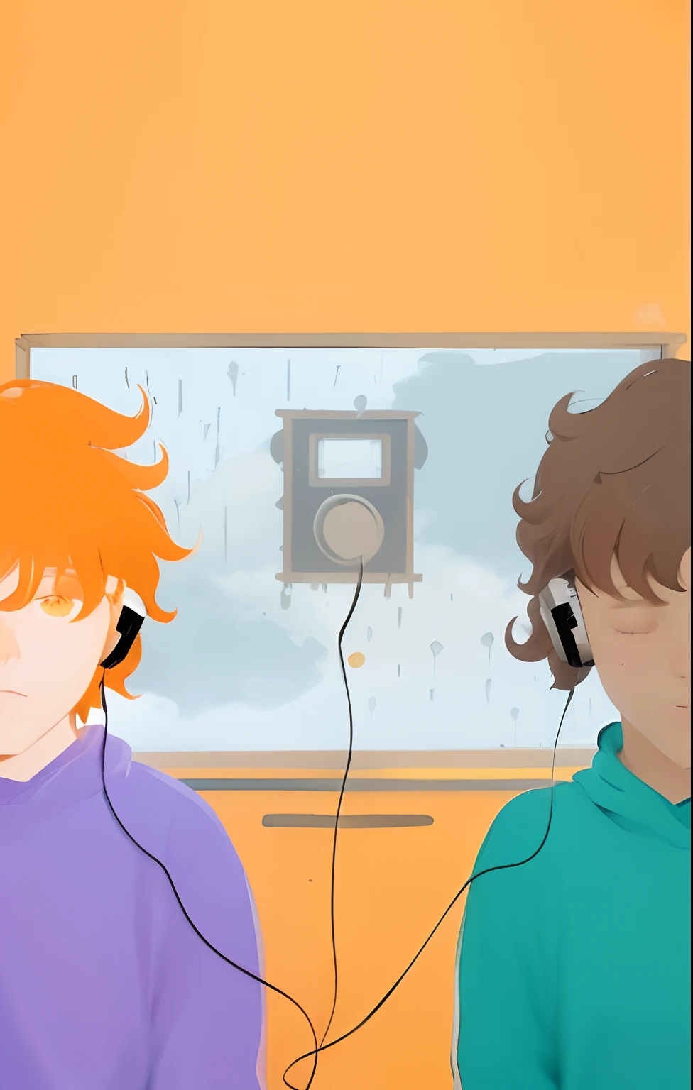 Two guys listening to music. um celular, it's raining, tem chuva. Dois homens de fone, ........3d, o homem do lado direito tem pele negra. O homem do lado esquerdo tem cabelo ruivo. Imagem ........3d, imagem realista. dark strokes., striking traits, Ambiente escuro, parada laranja. A window showing a dark sky with dark clouds and rain. Uma fita k7 no meio da janela. Orelha com fone de ouvido. Contornos realistas.