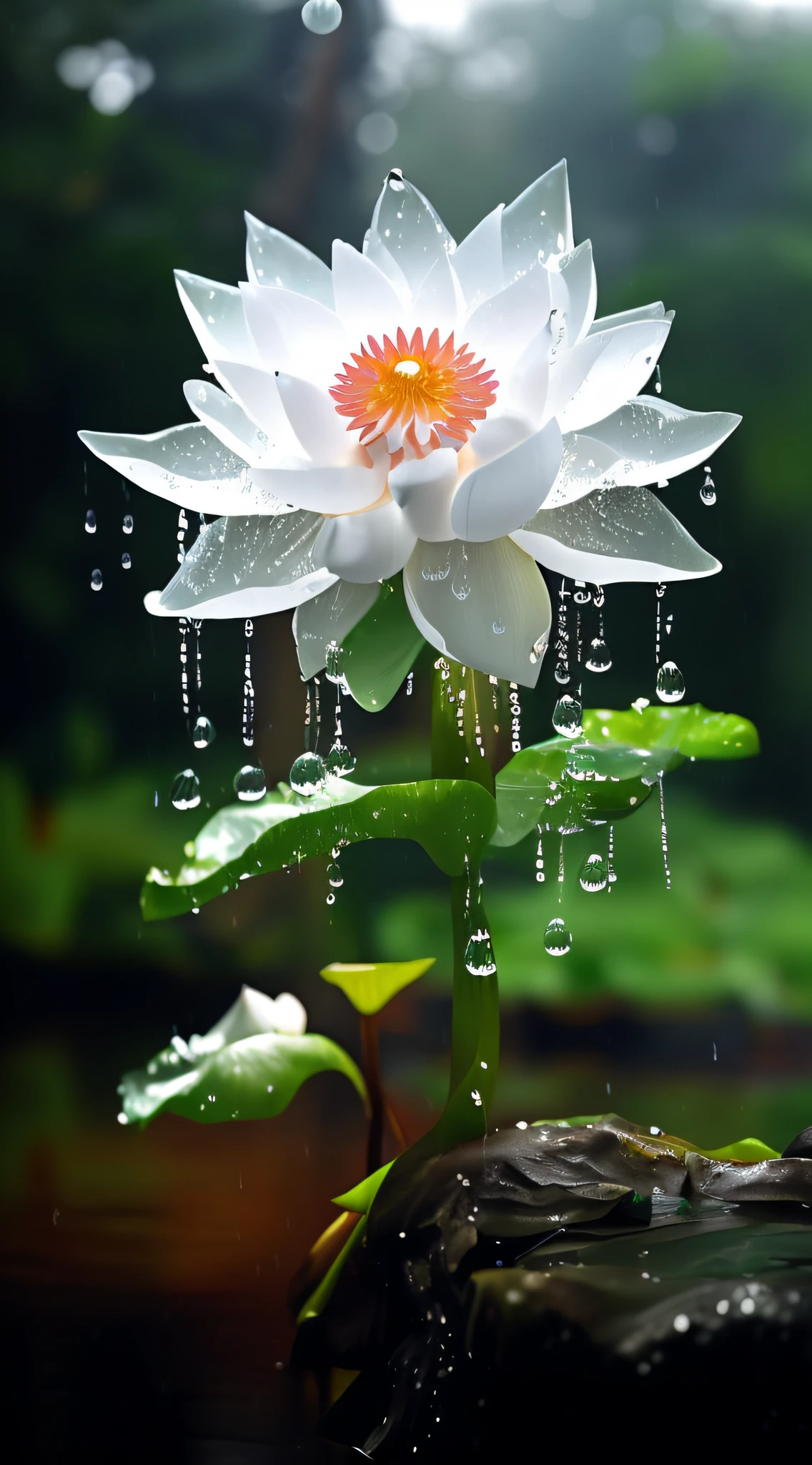 There is a white flower，There are water droplets on it, spirited water plants, lotus flower, lotuses, beautiful  flowers, flowers rain everywhere, Beautiful image, It just rained, standing gracefully upon a lotus, with lotus flowers, very beautiful photograph of, after rainny, After the rain, day after raining, flor branca, Lotus, lotus flowers on the water, reflecting flower