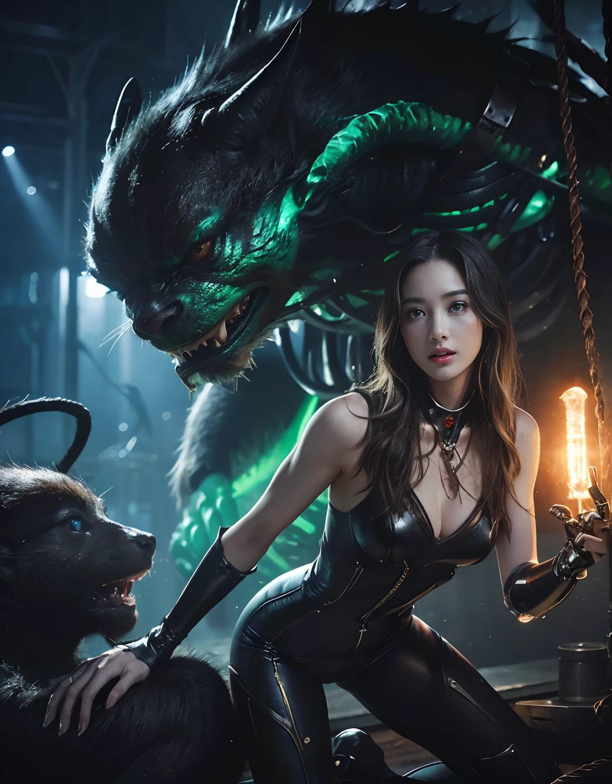 (1 Mechanical Girl)、top-quality、masterpiece、超A high resolution、(Photorealsitic:1.4)、Raw photo、1人、Fight mutants、glowy skin、(((1 Mechanical Girl)))、With a beautiful knife、(Green Metal Bodysuit)、(Kobold、ogre、Fierce battle with orcs),(Fight fiercely against aliens)、Fight fiercely、(beautiful forest background)、(Fighting Demonic Beasts)、(Small LED)、((super realistic details))、portlate、(Strong giant demon beast background),globalillumination、Shadow、octan render、8K、ultrasharp、Colossal tits、Raw skin is exposed in cleavage、metals、Details of complex ornaments、Japan details、highly intricate detail、Realistic light、(Mystical expression),CGSoation Trends、Blue eyes、radiant eyes、Facing the camera、neon details、(Mechanical limbs)、(blood vessels connected to tubes)、Mechanical vertebrae attached to the back、mechanical cervical attaching to neck、(Wires and cables connecting to the head)、Gundam、Small LED、,Mechanical thighs、Toostock、(Hands are also made of machines)、(Attack of the Monster Beasts)、(Wounded in a deadly battle)、