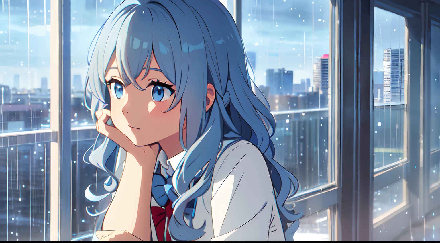 masterpiece, best quality, 1girl, solo, tanned skin, light blue hair, (long wavy curly hair), braiding, with blue eyes, rain, city, school uniform, sky, close up