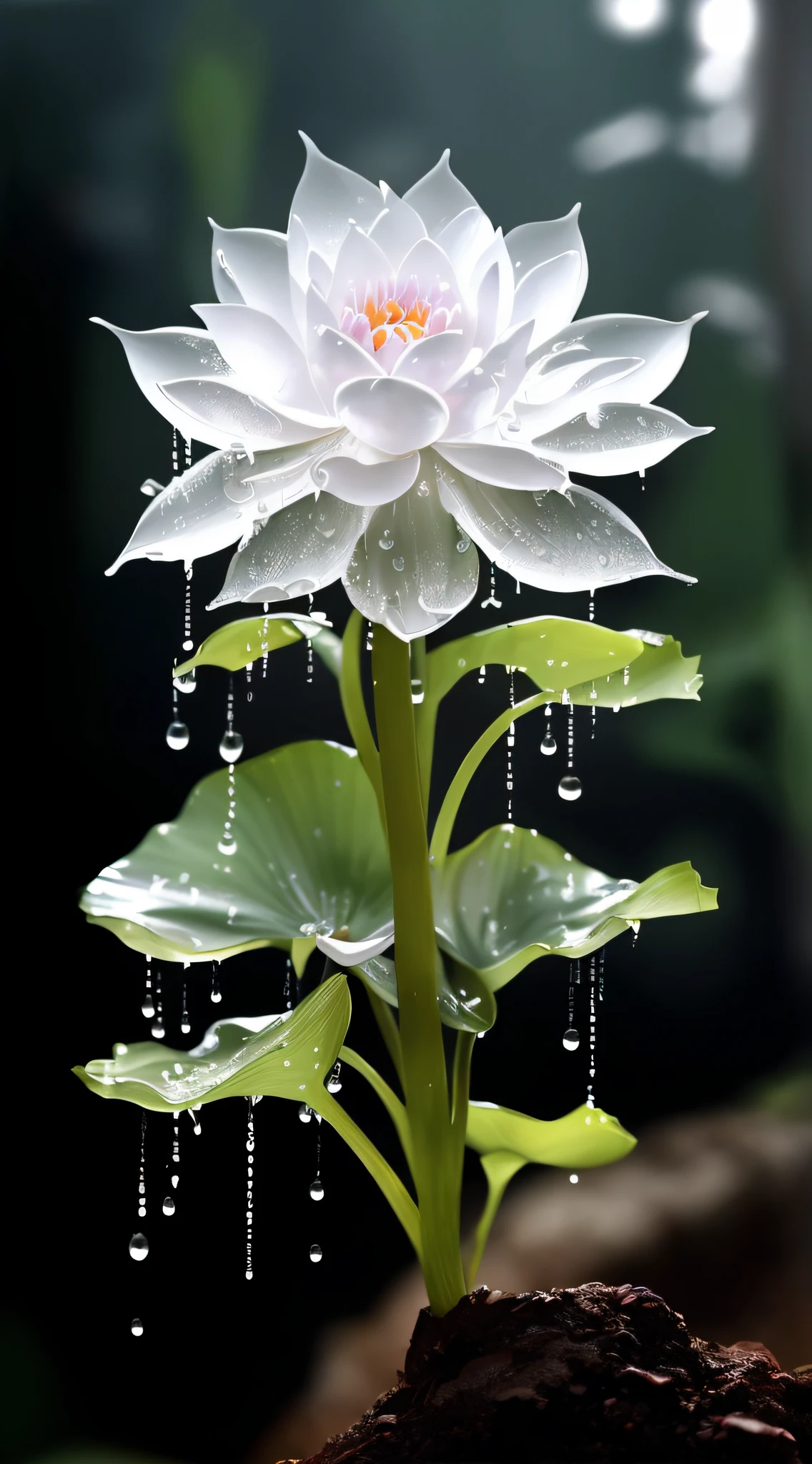 There is a white flower,There are water droplets on it, Ethereal white dripping tar, beautiful flowers, alien flowers, detailed white, flor branca, Beautiful image, mind-blowing detail, very beautiful photograph of, spirited water plants, Lotus, drizzle, after rainny, surreal waiizi flowers, lotus flower, dewdrops, glowing delicate flower, depicting a flower, beautifuldetails