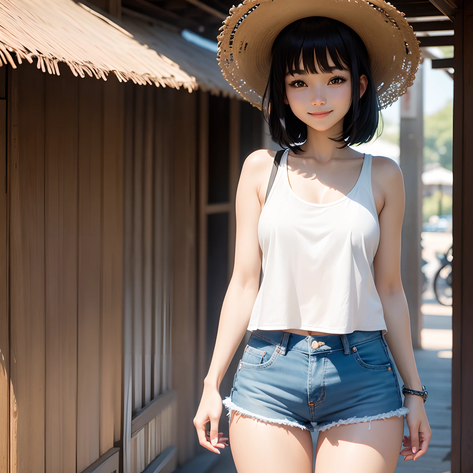 Wearing a straw hat with black hair、Girl with smiling bangs cut。Wearing a white tank top and denim shorts。