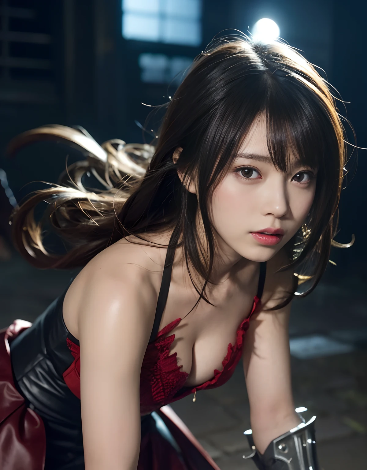 (One Knight Girl)、top-quality、masterpiece、超A high resolution、(Photorealsitic:1.4)、Raw photo、女の子1人、Fight mutants、(Wear the Dark Knight's Armor)、glowy skin、(((Dark Fantasy)))、With a beautiful sword and shield、(Black Metal Bodysuit)、(Fight goblins、ogre、Fierce battle with orcs),(Fight fiercely against aliens)、Fight fiercely、(Skeleton collective background),(Background of decaying dungeon ruins)、(Skeleton helmet)、(Fighting Demonic Beasts)、(Small LED)、((super realistic details))、portlate、(Strong giant demon beast background),globalillumination、Shadow、octan render、8K、ultrasharp、Colossal tits、Raw skin is exposed in cleavage、metals、Details of complex ornaments、Japan details、highly intricate detail、Realistic light、(Mystical expression),CGSoation Trends、Red Eyes、radiant eyes、Facing the camera、neon details、(Mechanical limbs)、(blood vessels connected to tubes)、()、Gundam、Small LED、Toostock、(Fight aliens on another planet)、(Attack of the Monster Beasts)、(Wounded in a deadly battle)、