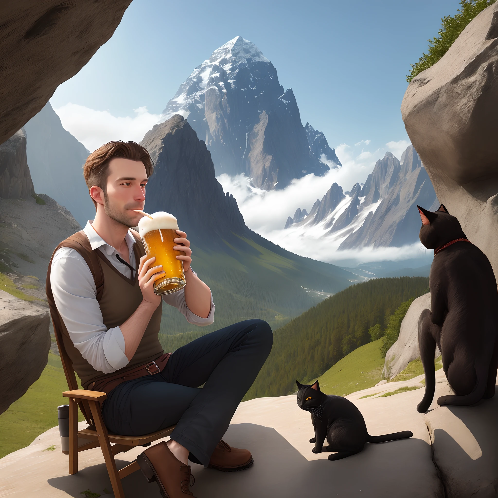 German man drinking beer from a stein while holding two cats and climbing a mountain