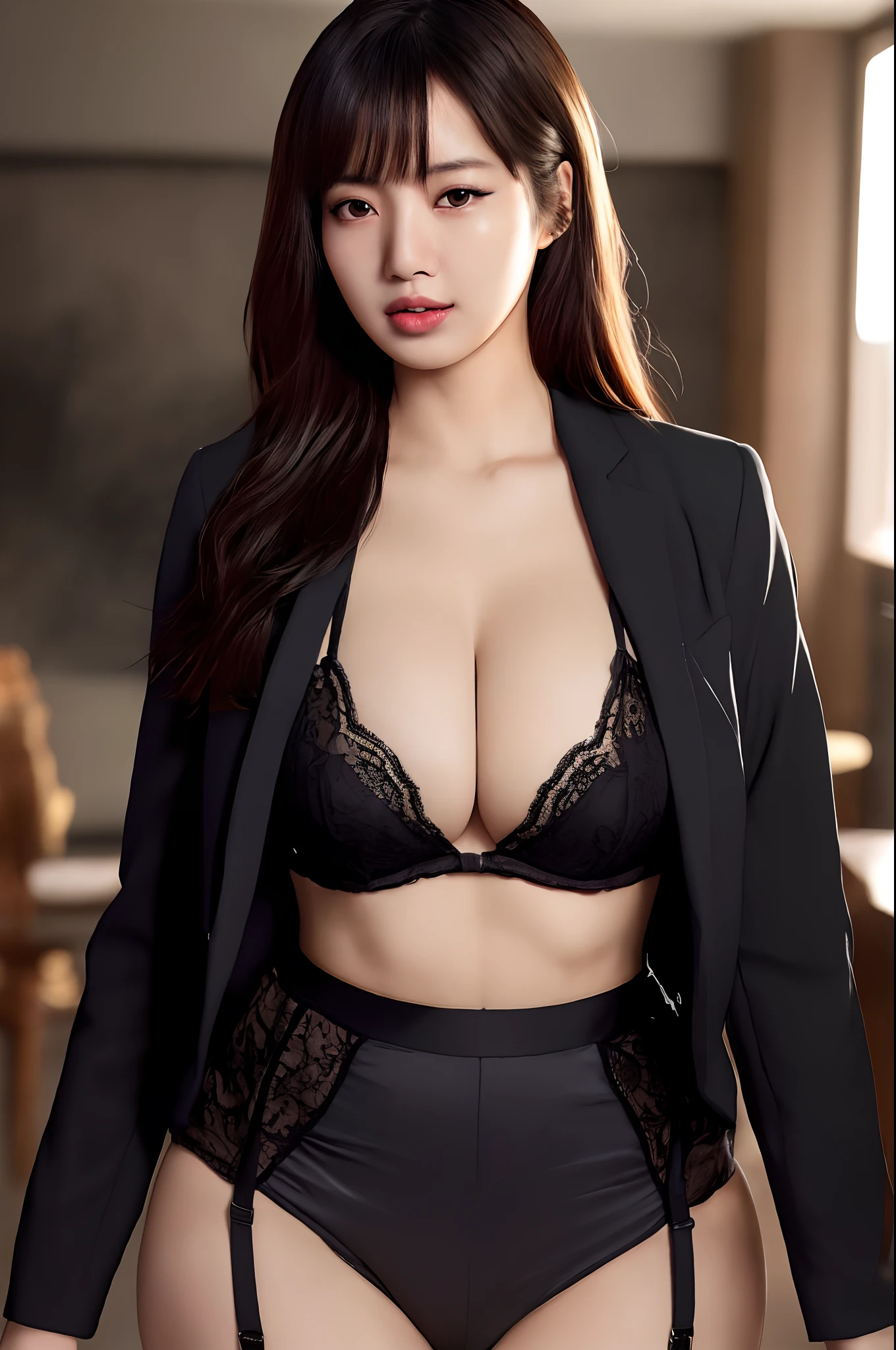 (masterpiece:1.3), (High resolution:1.1), Detailed beautiful face, Detailed beautiful, (huge breasts, gigantic breasts:1.4,  araffed asian woman in a black suit and panties posing for a picture, gorgeous young korean woman, gorgeous chinese model, beautiful south korean woman, korean woman, black bra, korean girl, seductively looking in front, beautiful asian girl, sexy look, beautiful asian woman, japanese goddess, beautiful young korean woman, seductive and powerful, elegant japanese woman