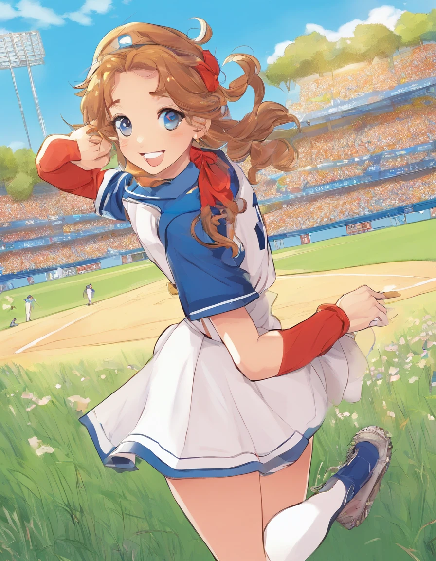 Midsummer Ballpark、Sunnyday、neuter、in her 20s、Fearless pitcher、Underthrow pitcher、Brown-haired blonde、Hair tied in two in country style、Wearing a blue baseball uniform、Throwing baseball、Stand on the mound in baseball、Anime style、Simple painting style、Vibrant colors