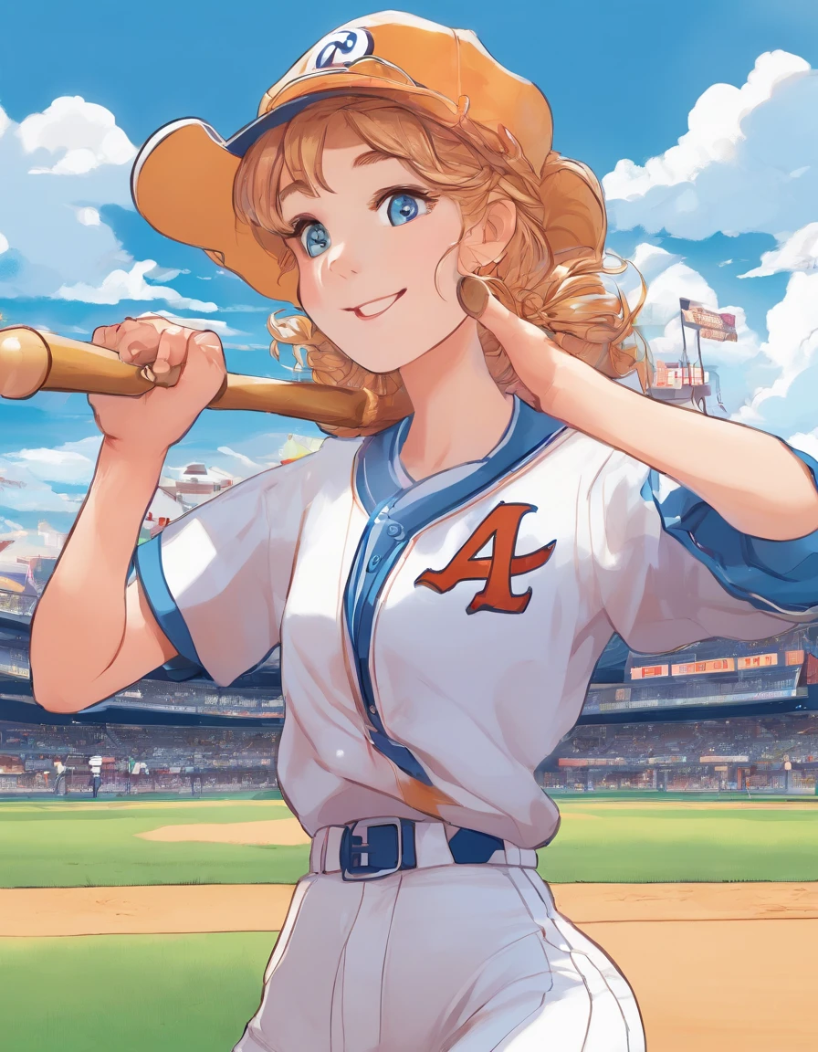 Midsummer Ballpark、Sunnyday、neuter、in her 20s、Fearless pitcher、Underthrow pitcher、Brown-haired blonde、Hair tied in two in country style、Wearing a blue baseball uniform、Throwing baseball、Stand on the mound in baseball、Anime style、Simple painting style、Vibrant colors