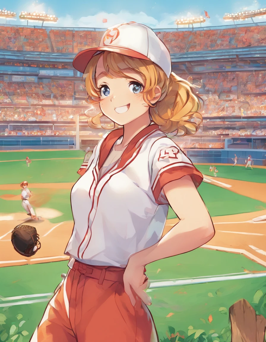 Midsummer Ballpark、Sunnyday、neuter、in her 20s、Fearless pitcher、Underthrow pitcher、Brown-haired blonde、Hair tied in two in country style、Wearing a blue baseball uniform、Throwing baseball、Stand on the mound in baseball、Anime style、Simple painting style、Vibrant colors