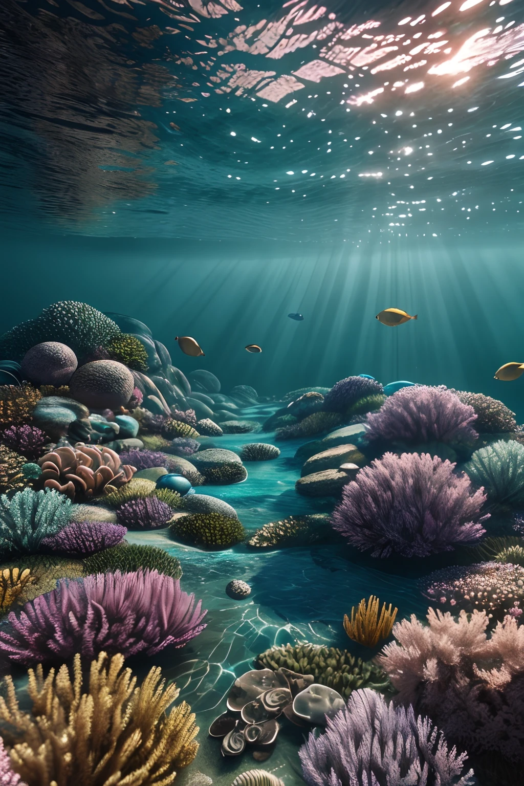 Underwater landscape, mind blowing, highly detailed, clear photography, photorealistic, soft pastel colours, highly detailed, intricate, path tracing, illustration, insanely detailed, shadow mapping volumetric light, specular lighting