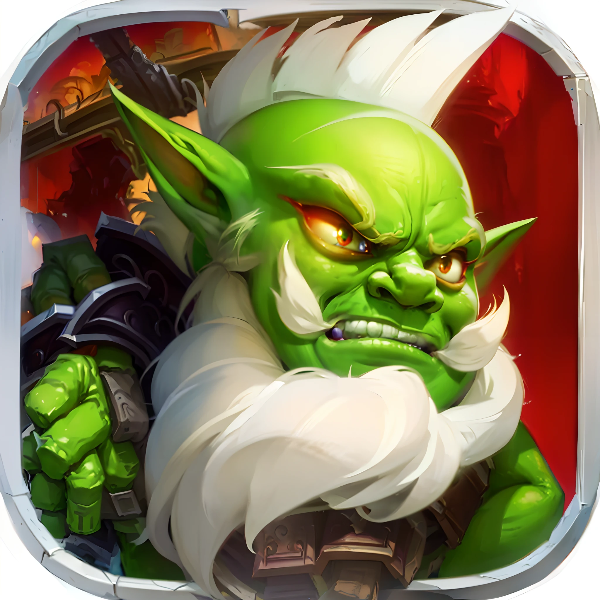 A green troll with white beard and red background, epic legends game icon, goblin, Leprechauns and trolls, drak fantasy goblin, gnoll, gaming console, gapmoe grimdark, targ nar, mobile game style, orc warrior, dwarf, Goblin attack, epic battle screen of hero, menacing orc, Orc symbaroum, Legend, okeh