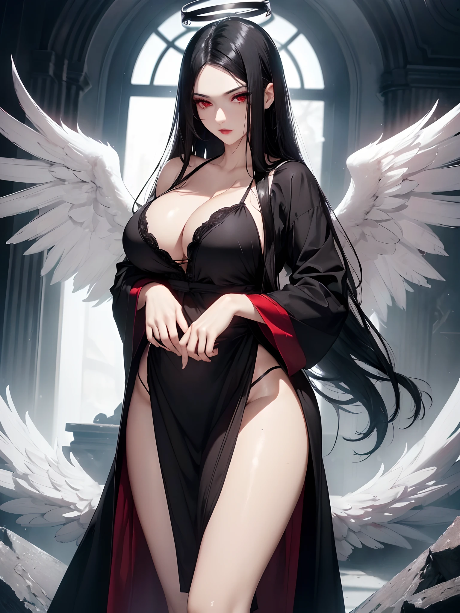 ((8K, Best quality, High-Resolution:1.35, Raw photo:1.2, Photorealsitic:1.37, masterpiece: 1.25)), Sweatiness:0.2, Dramatic lighting, photon mapping, radiosity, symmetry, complexity, elegance, anatomically correct, ((1 girl)), medium breast, ((long black hair hair, red eyes: 1.2)), (long eyelashes), eye shadow, natural makeup, clear facial features, alluring, attractive, curvy build, (exposed cleavage), showing stomach, ((sexy robes:1.35)), fallen angel, halo, angelic, black wings,