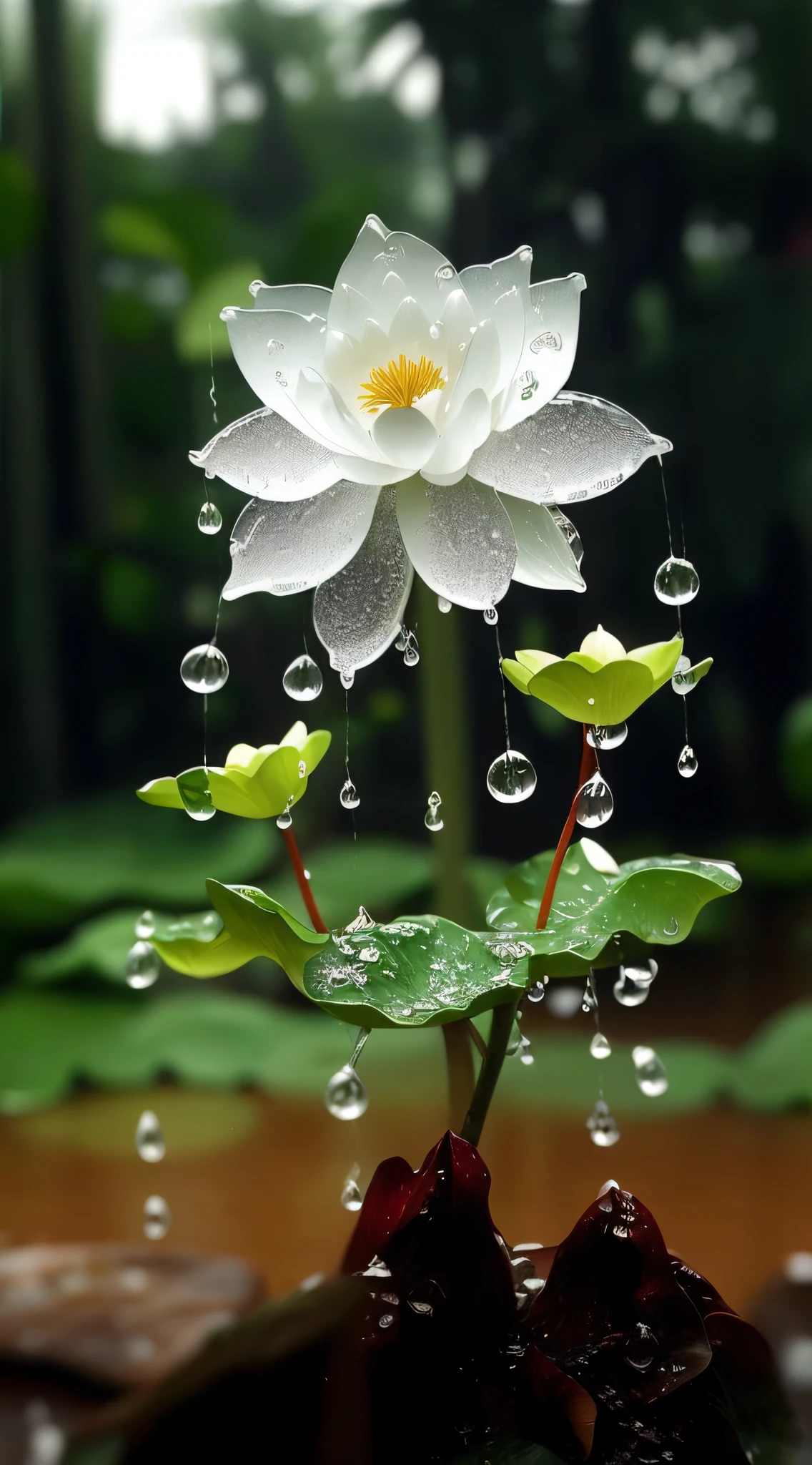 There is a white flower,There are water droplets on it, It just rained, after rainny, After the rain, spirited water plants, flowers rain everywhere, transparent droplets, lotuses, dewdrops, drizzle, lotus flower, very beautiful photograph of, droplets, Water droplets, Lotus, reflecting flower, Dewdrops, water dripping, beautiful flowers, The drops