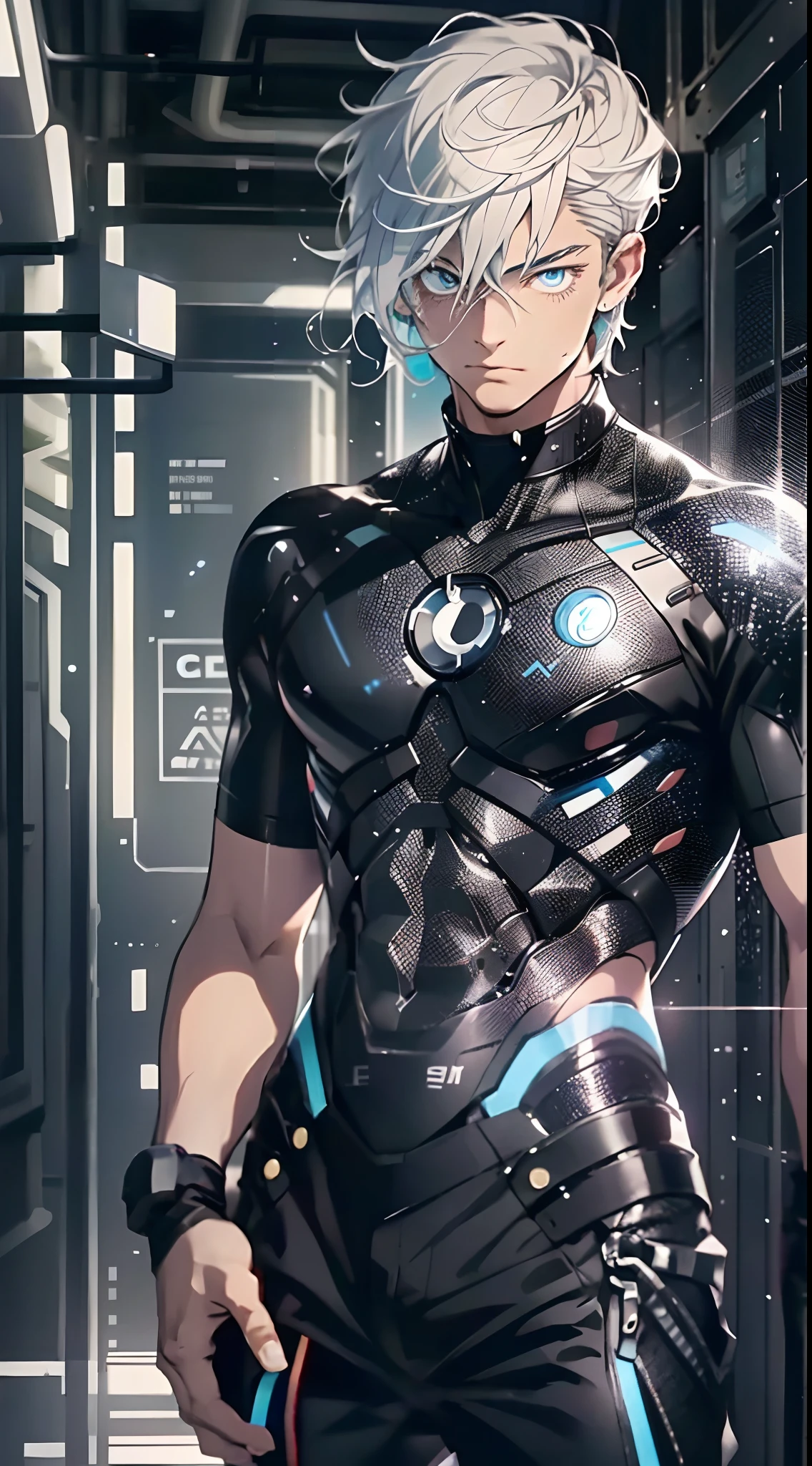 (cyber punk perssonage:1.3) , Black pantsuit, Black T-shirt with, melancholy lighting, A tranquil, peacful, luminance, tmasterpiece, best qualityer, (Ultra photo realsisim:1.3), (tmasterpiece:1.4), best qualtiy, ((realisticlying)), high high quality, ultra - detailed, ((Authentic images)), ((Realistic skin)), ((photorealiscic face)), (illustratio:1.05), (Handsome:1.05), (beatiful detailed eyes:1.05), (cinematric light:1.1), Blue in the detachment, perfect whole body,Black and blue clothes,White sneakers,(Handsome male),(perfect male figure), short detailed hair,Detailed face, Perfect face, (The stands up), Detailed background, ((Bonifasko lighting)), (Detailed eyes), perfect pupils,Abs,chest muscle
