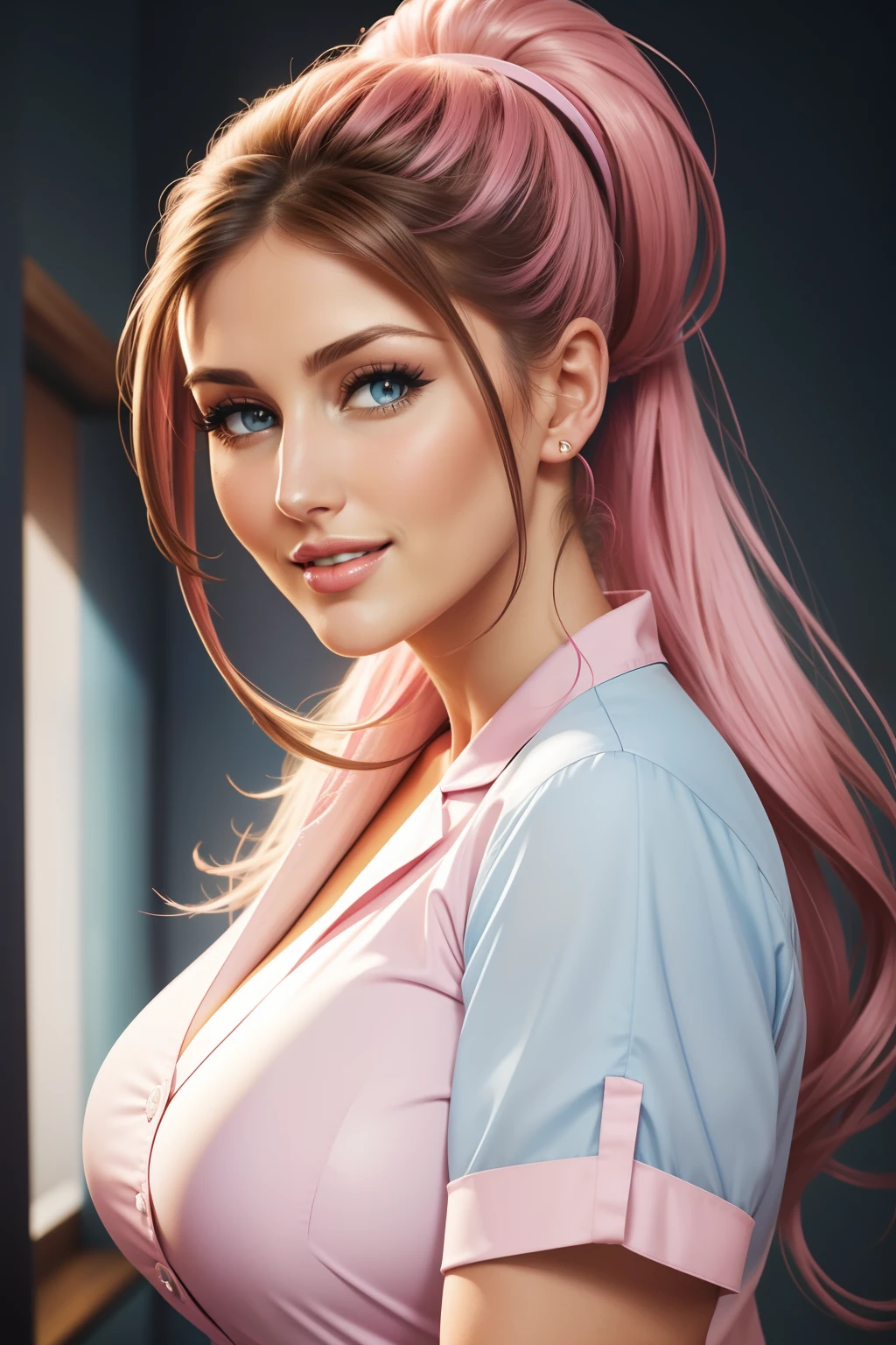 Lucy Pinder, face portrait, smiling, ponytail, light blue blouse, nurse, pink lipstick