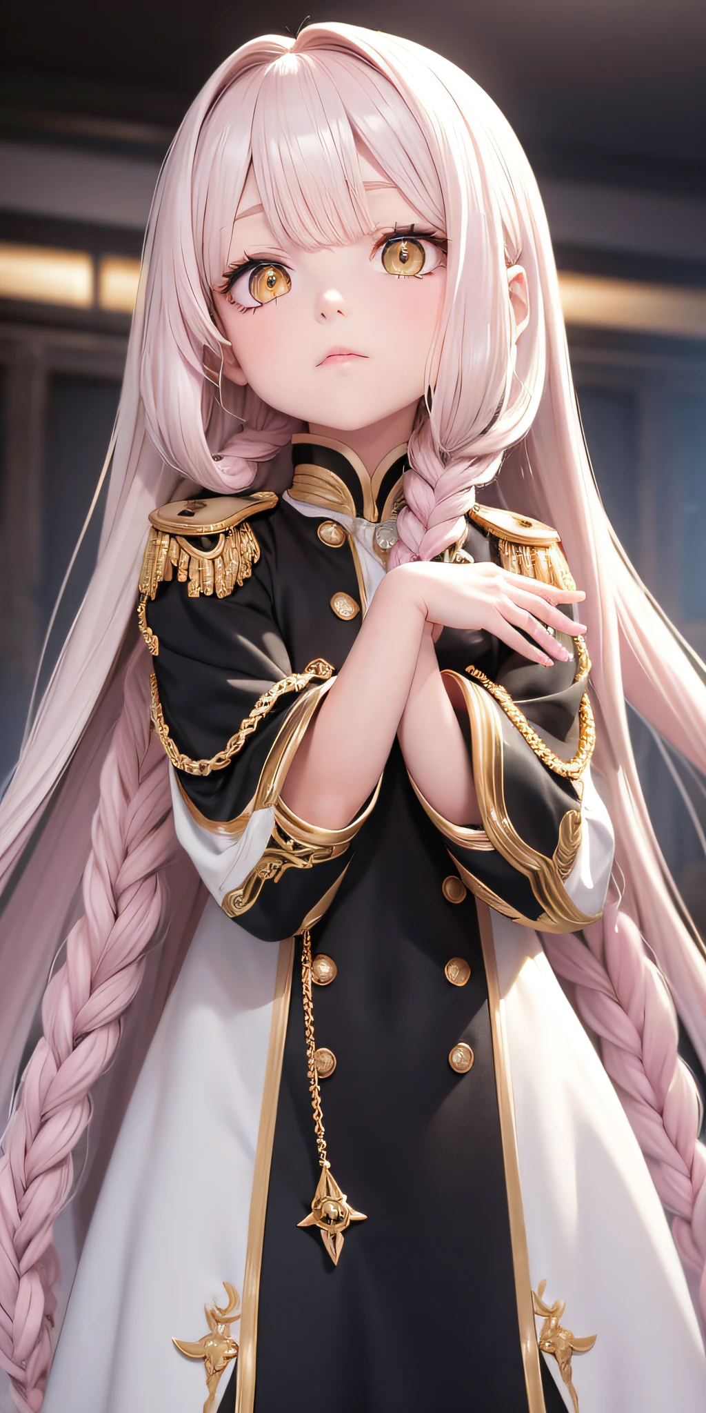 Need,tmasterpiece,whaite hair,Golden eyes,Manteau blanc,Look up,The upper part of the body,Hairline,Fair pink skin,SideBraid