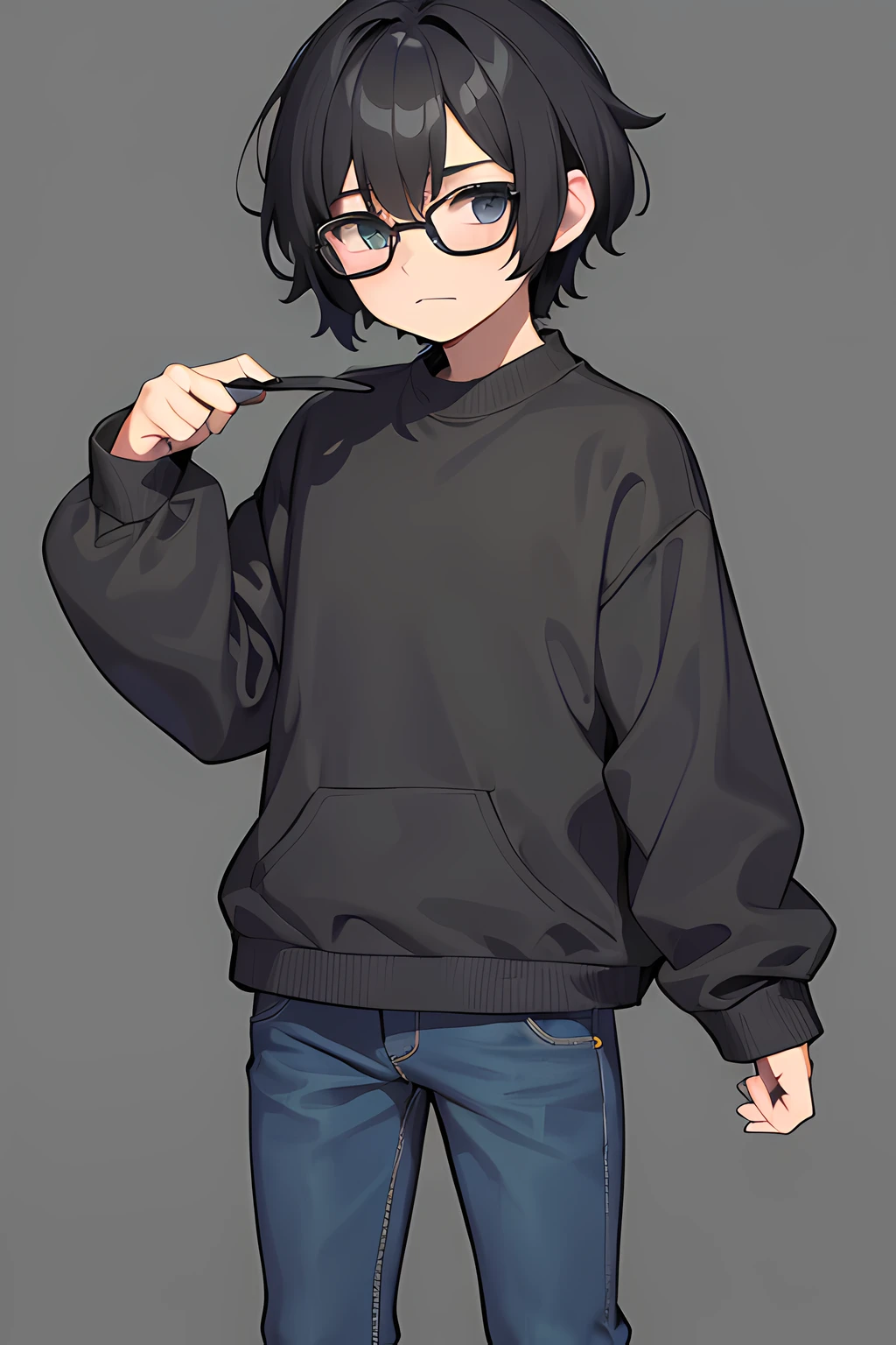 1boy, black hair, brownish eyes, wearing plain grey sweatshirt, plain black glasses, denim pants, light color background, masterpiece, extremely detailed 8k illustration, high color, extremely high color saturation, all colors deepened, 8-bit, pixelate, anime