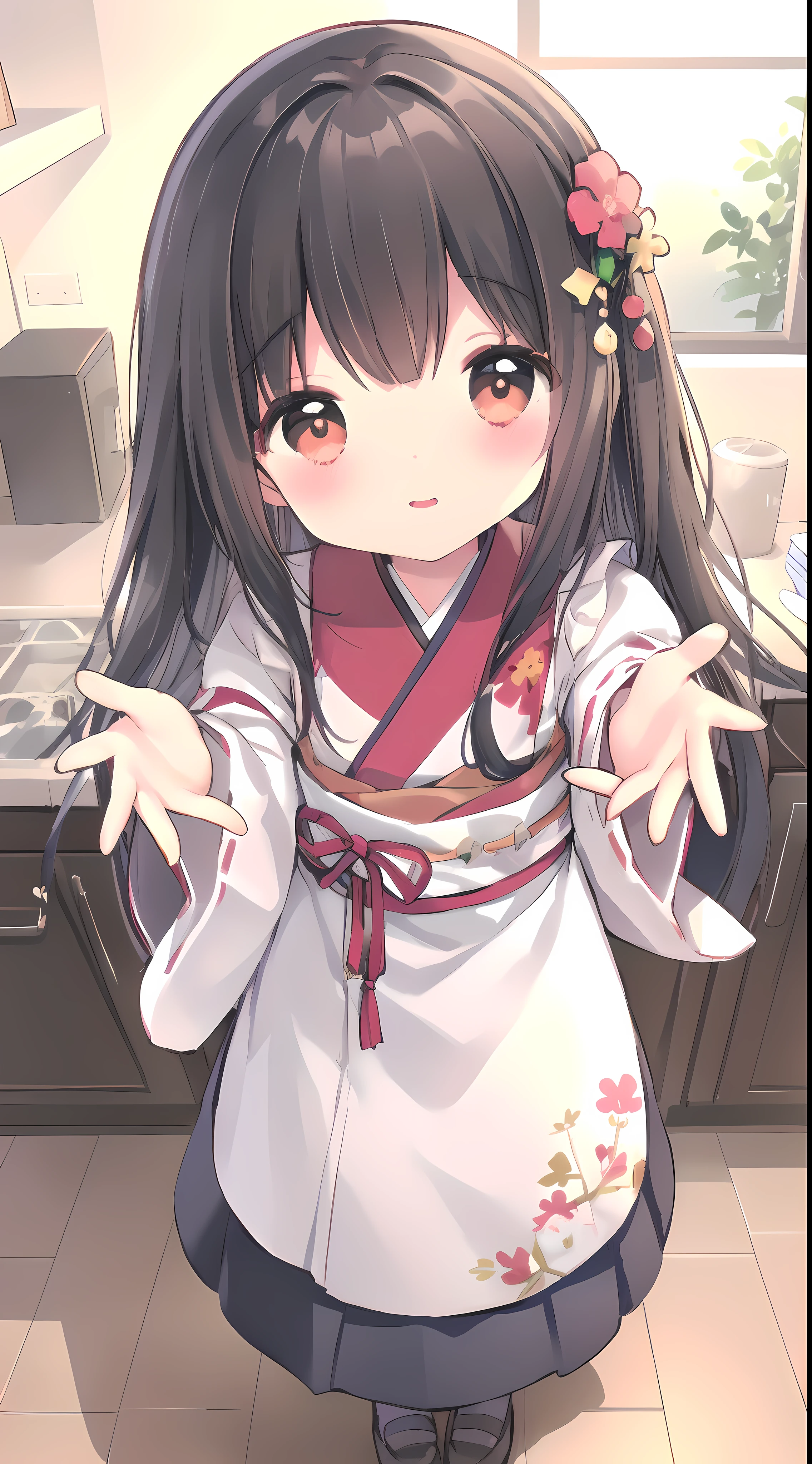 (small short figure girl, motherly, cute and petite girl little sister aura:1.5), detached sleeve, Married, Japanese bride, loving wife, Wedding, wedding hakama skirt, yamato nadeshiko, 1girl, solo, outdoor, cute japanese model girl, very long hair, floral print, wedding hair ornament, wedding kimono, hakama, bangs, (in the kitchen, welcome home:1.3), (masterpiece, best quality, HD Pictures, 4K:1.4), gentle eyes, gentle look to viewer, gentle smile, gentle eyes, mature looking, pinkish cheeks, very detailed eyes, very detailed pupils, very detailed hair, furisode, flower head accesories, from front pov, detailed face, full body, look up to viewer, leaning forward to viewer, detailed long black hair, (open arms for viewer, want to hug viewer, blushing red cheeks:1.5)