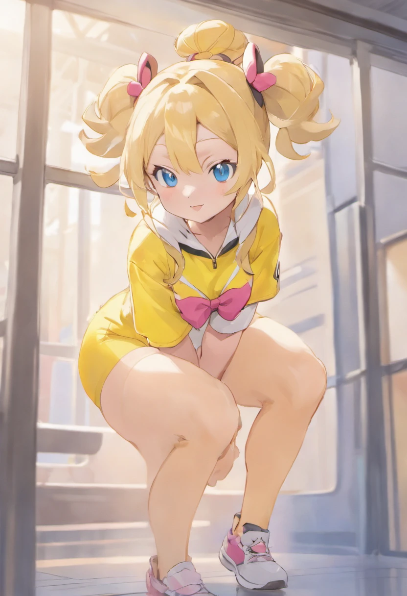 masterpiece, Top quality, High Definition, RO1, Hair bun, Blue eyes, Twin tails, Visor cap, Pantyhose, Raglan sleeves, Yellow shorts, Shirt, Pink bow, Watch, Leaning forward, Gym, Squatting, 30 denier soft touch comfort Tights, See-through, Squatting, Open legs, Thighs, Attractive thighs,