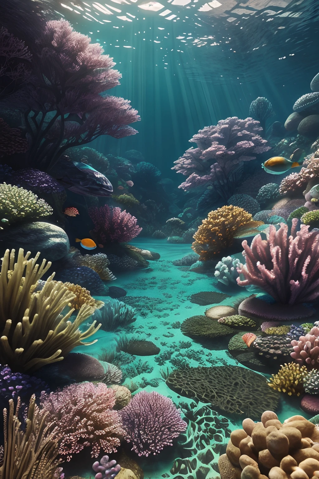 Underwater landscape, mind blowing, highly detailed, clear photography, photorealistic, soft pastel colours, highly detailed, intricate, path tracing, illustration, insanely detailed, shadow mapping volumetric light, specular lighting