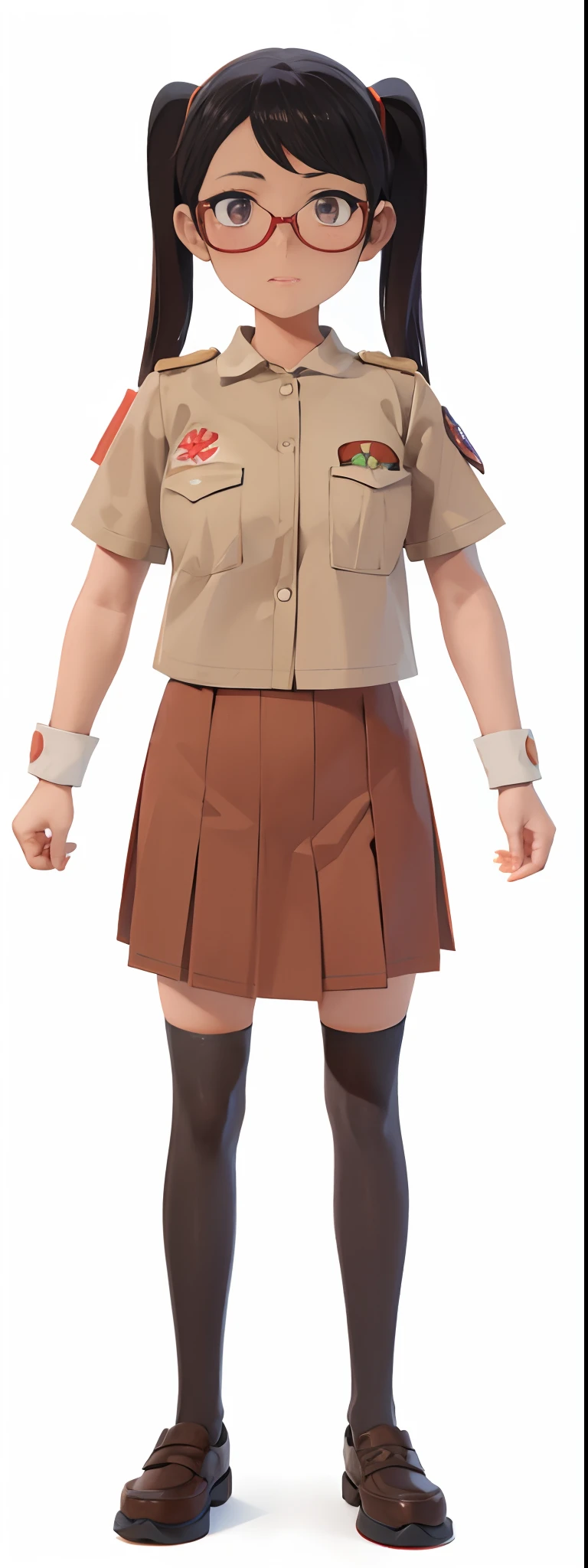 arafed image of a girl in a uniform and glasses, girl wearing uniform, highly detailed character, nagatoro, render of a cute 2d anime girl, 2d model of a japanese mascot, animation character, anime styled 2d, realistic anime 2d style, 2d character, 2d character, 2d anime girl, maya takamura, female scout, female scoy clothes,