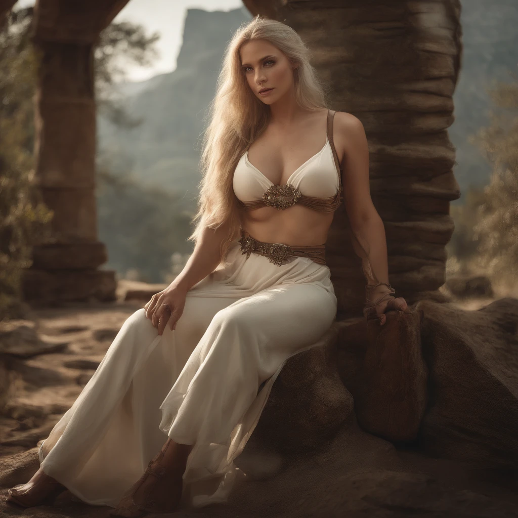 Illustration of ((gigantic breasts)), huge breasts, scantly clad female knight, long flowing white hair, mature woman, milf, sexy, seductive, alluring, erotic, nsfw, wearing black leather body straps harness, Micro thong, masterpiece, sketch, [[soft watercolour painting]], ancient ruins, moss, nature, shallow water, looking at viewer teasing you with her breasts, anime, detailed face, detailed eyes, detailed face, ultra detailed, ((anime)), cowboy shot