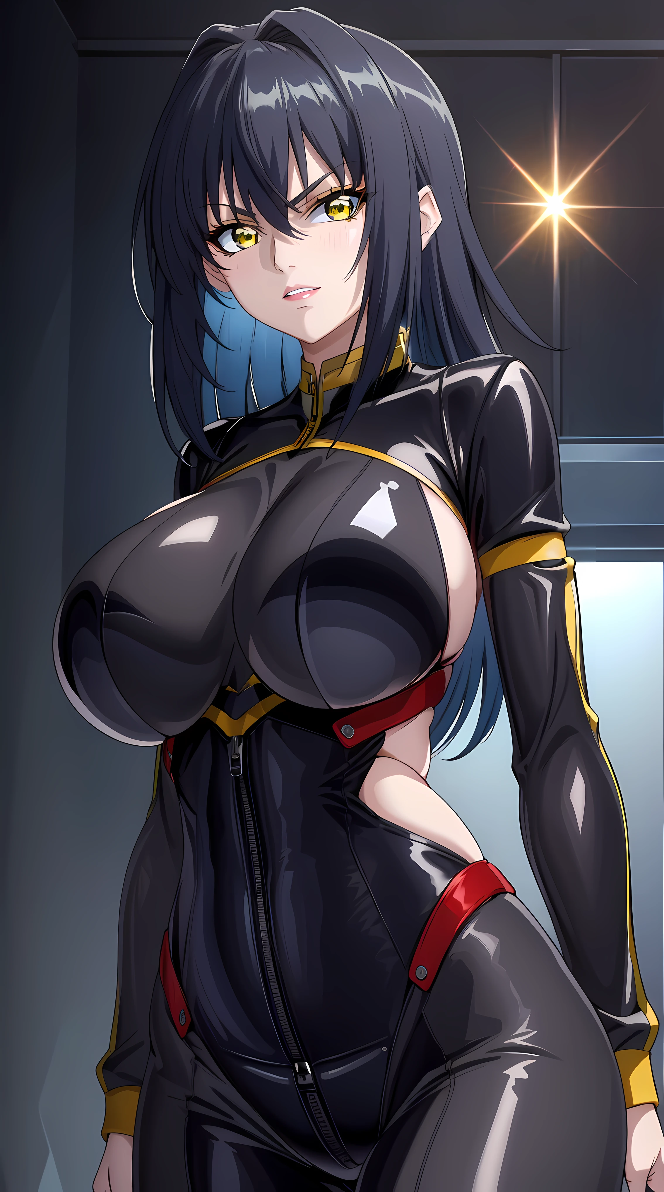simple background,
cowboy shot, Annerose,
black outfit, leotard latex,
black_hair,yellow_eyes, long_hair, hair intakes,
1 girl, 35yo,mature female,Beautiful Finger,Beautiful long legs,Beautiful body,Beautiful Nose,Beautiful character design, perfect eyes, perfect face, exquisite fingers anatomy,
looking at viewer, (big_yellow_eyes:1.0),(smug:1.3),
official art,extremely detailed CG 8k wallpaper, perfect lighting,Colorful, Bright_Front_face_Lighting,
(masterpiece:1.0),(best_quality:1.0), ultra high res,4K,ultra-detailed,
photography, 8K, HDR, highres, absurdres:1.2, Kodak portra 400, film grain, blurry background, bokeh:1.2, lens flare, (vibrant_color:1.2)
(Beautiful,large_Breasts:1.4), (beautiful_face:1.5),(narrow_waist),