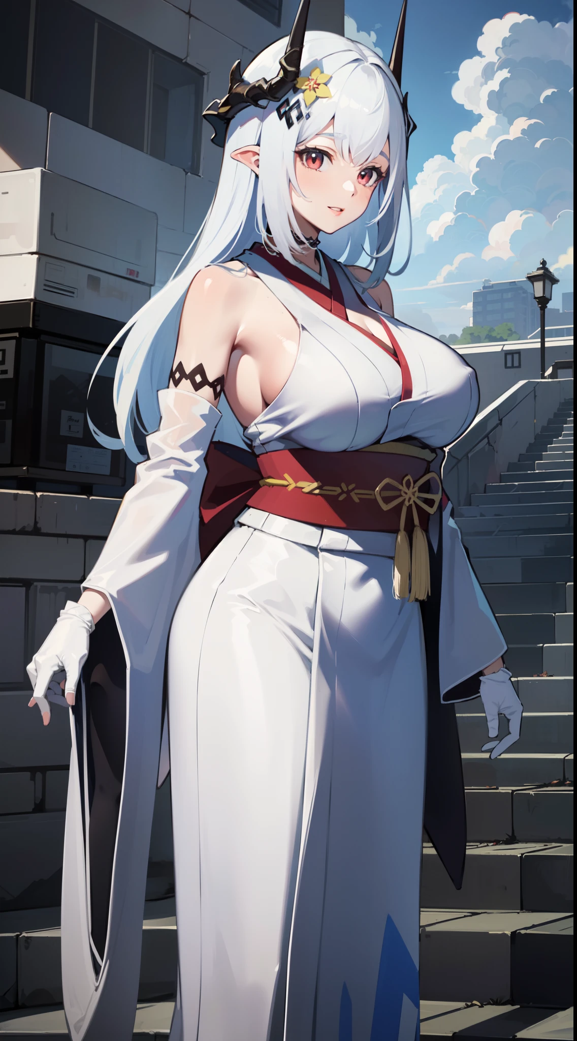 masterpiece, best quality, extremely detailed, 1girl, mature female, solo, mdrk, (huge breasts:1.2), horns, parted lips, (((blue kimono, snowflake print, white obi, furisode, white gloves))), light smile, futuristic cityscape, (cloudy sky:1.6)