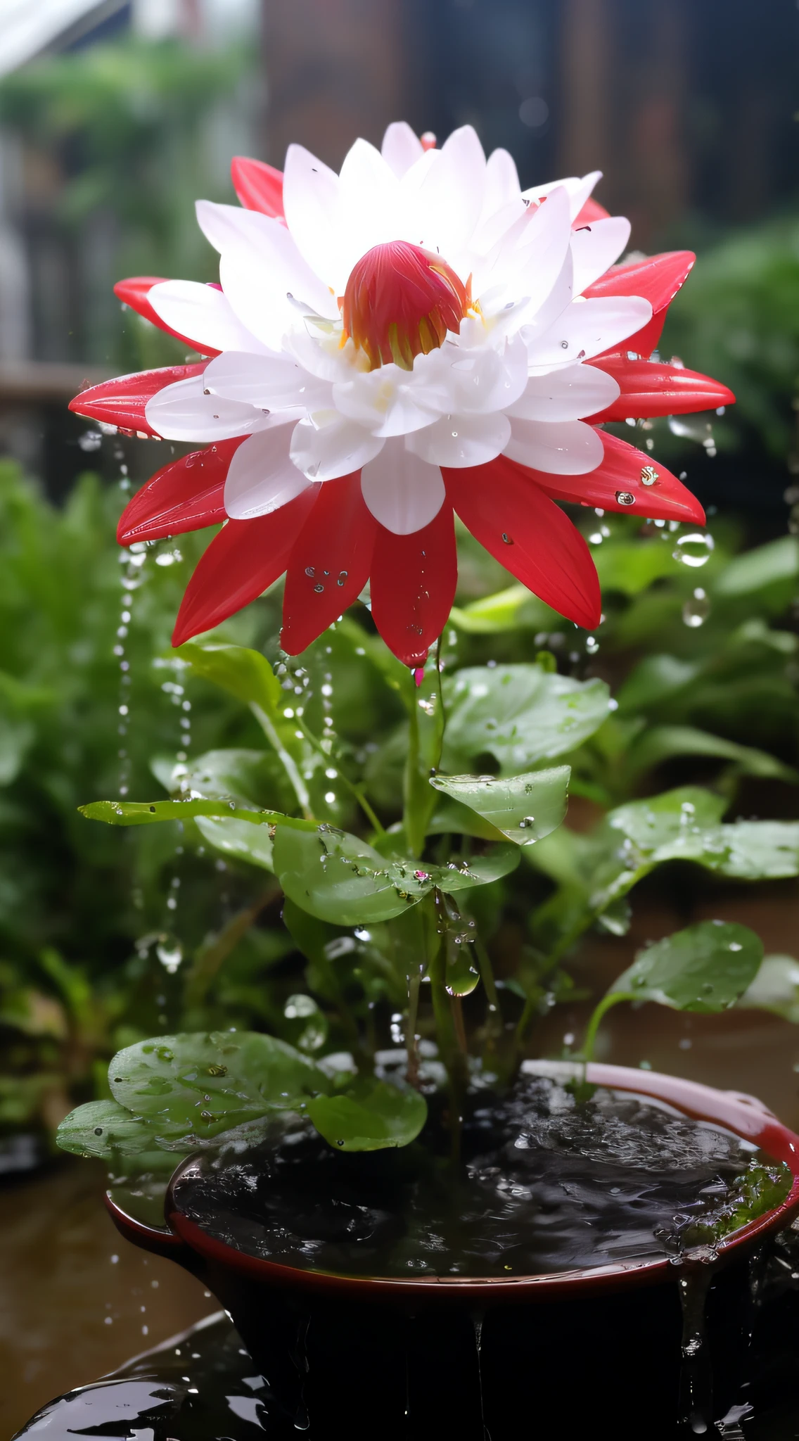 There is a red and white flower in the pot,There are water droplets, crimson rain sought flower, beautiful flowers, mind-blowing detail, It just rained, after rainny, red and white flowers, spirited water plants, Red flower, of red and white colors, stella alpina flower, alien flowers, very beautiful photograph of, large exotic flowers, tropical flower plants, After the rain