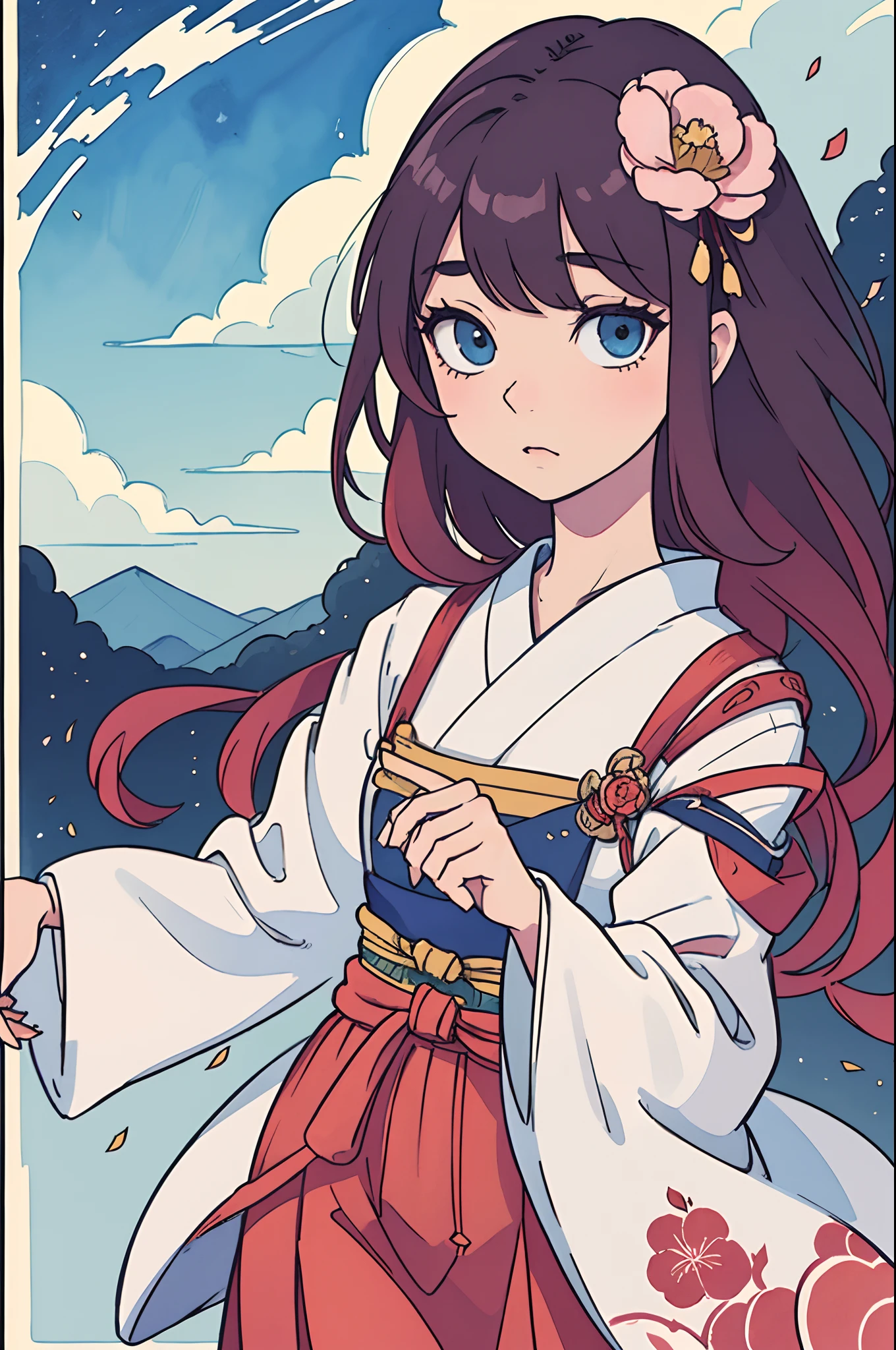 A beautiful Japanese girl, wearing peony hair accessories, wearing ancient Japanese clothing, beautiful details, rich light, beautiful female body, lancet eyebrow, meticulous eyes, flowing skirt, floating clouds, watercolor, ink painting, harmonious and unified tone, rendering, perfect art, fresh color background, ancient Japanese artist style, soft shadow, Clean sharp focus, cinematography, center composition, poster design, cinematography, Panorama, 32K, -- v 6