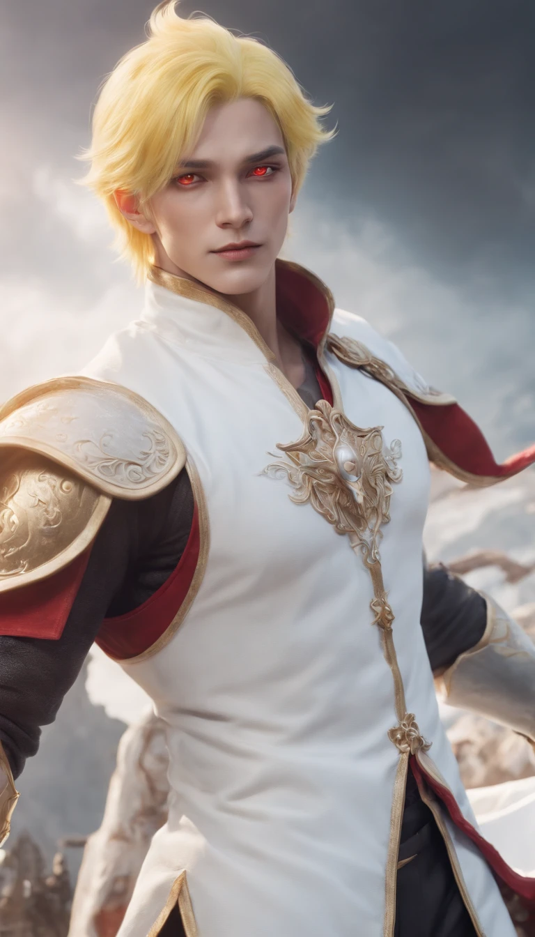 a male anime character with yellow hair and red eyes in red and yellow otfit, character album cover, full art, antasy character, full art illustration, full portrait of elementalist, character profile art, official character art, official character illustration, merlin, high detailed official artwork, game key art, omoide emanon, oz, mobile game art, fangs, smurk, white hair, muscular body, walking pose, white clothes.