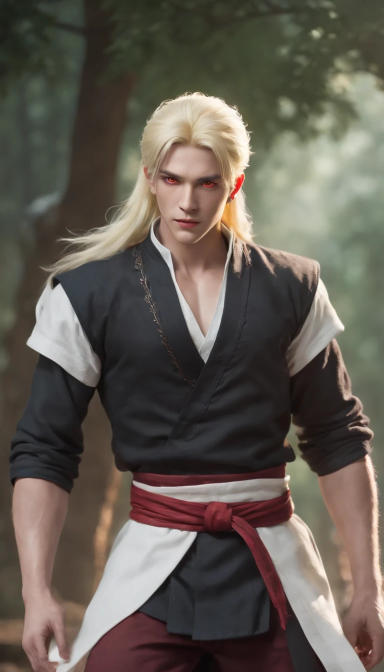 a male anime character with yellow hair and red eyes in red and yellow otfit, character album cover, full art, antasy character, full art illustration, full portrait of elementalist, character profile art, official character art, official character illustration, merlin, high detailed official artwork, game key art, omoide emanon, oz, mobile game art, fangs, smurk, white hair, muscular body, walking pose, white clothes.