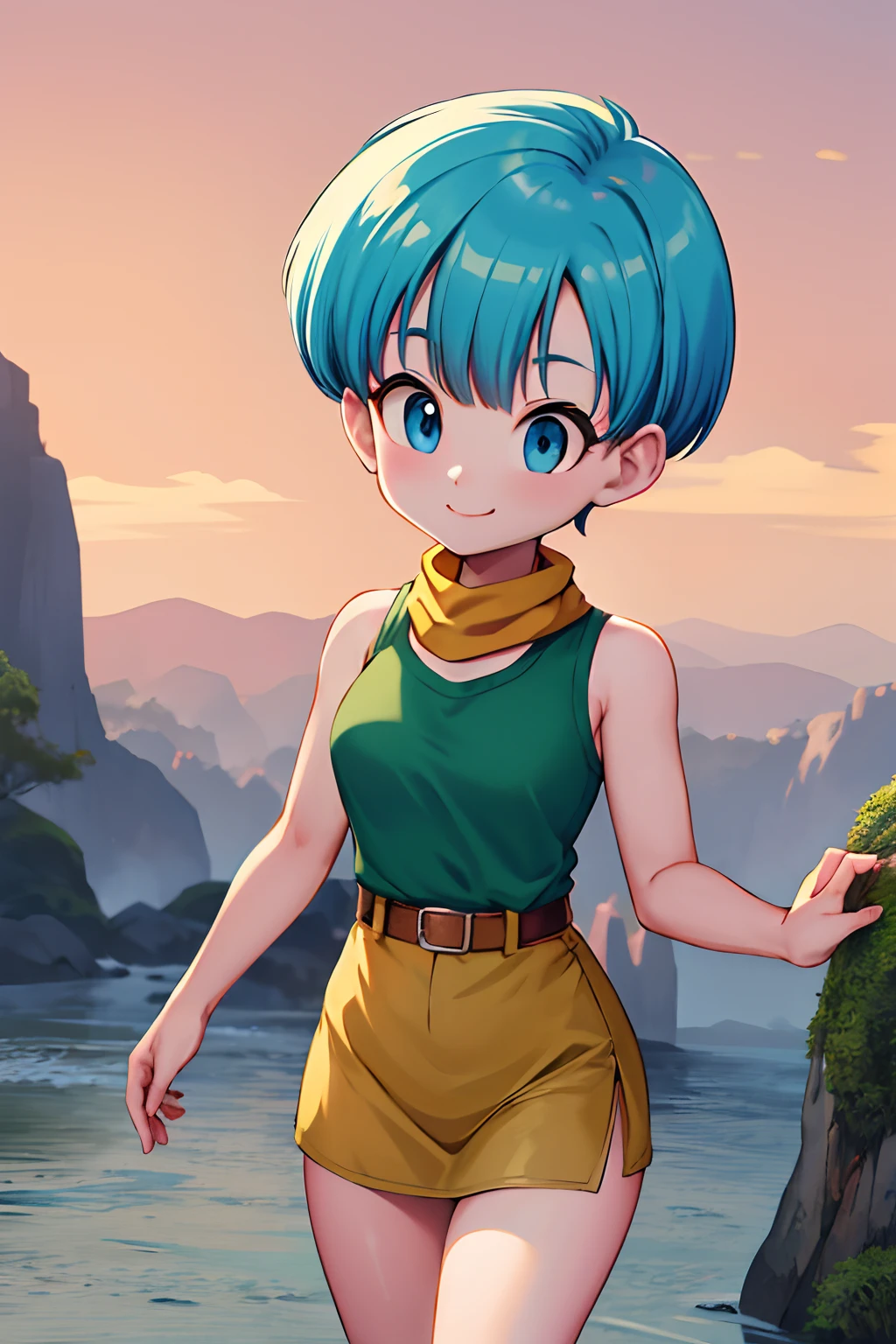 masterpiece, best quality, highres, dragon ball, blmshort, aqua hair, very short hair, earrings, jewelry, medium breasts, outdoors, smile, cowboy shot, walking, ruins, building, top-quality、​masterpiece、8K、Photorealsitic、lighting like a movie、Beautie、beautidful eyes、real looking skin、Beautiful skins、(ultra small tits:1.3)、long legged、real looking skin、(Very luxurious bed、Detailed background), short hair, ((crouching)), skinny, ((((spreading legs)))),(((((thick thighs))))), ((nude))