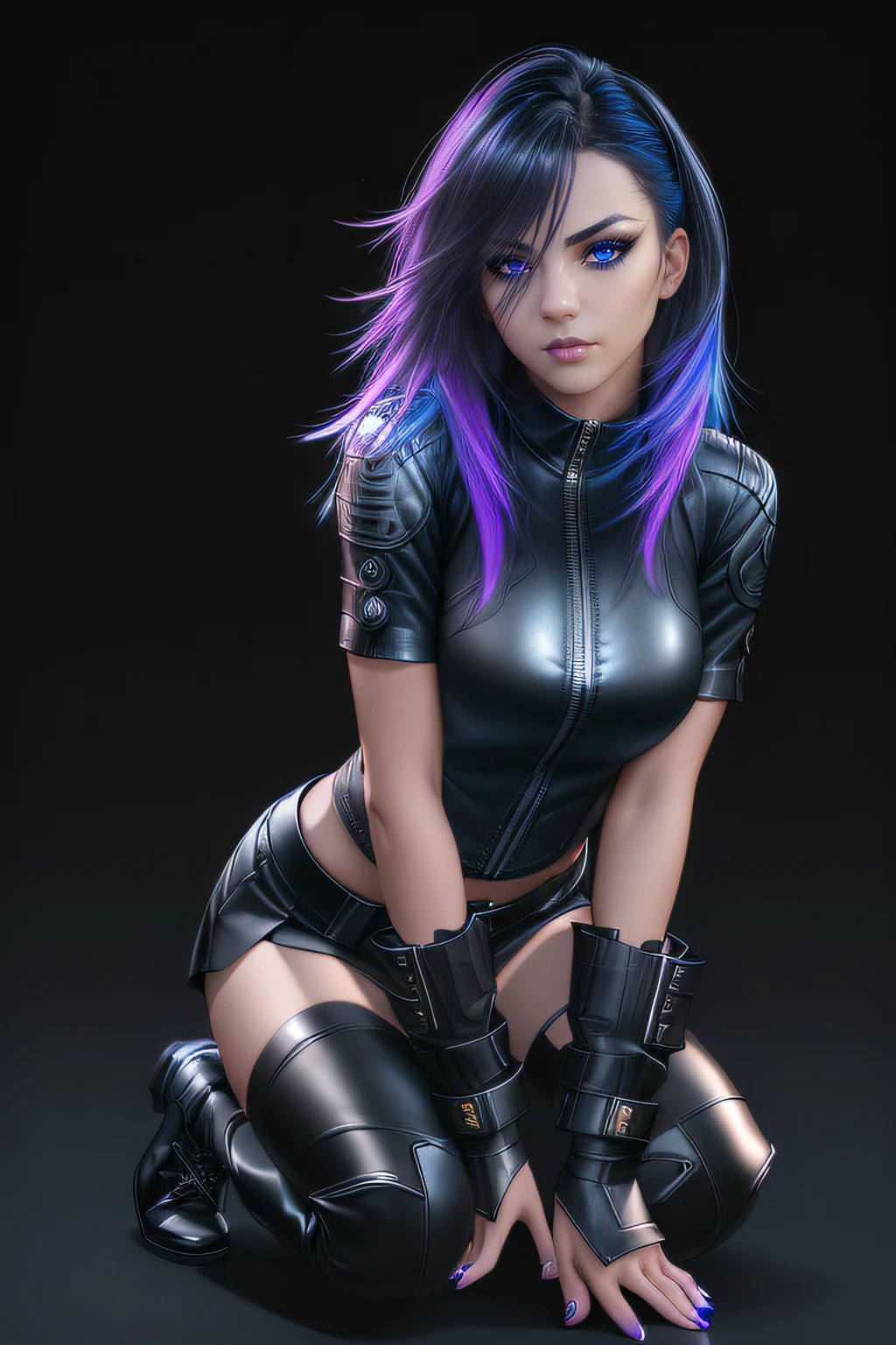 beautiful girl, full body, short bright blue neon streaked dishevelled hair, ((large light realistic detailed eyes:1.3)), ((seductive pose:0.5)), black eyeshadow, (street style wear:1.2), ((tight fitted short pants)), ((thigh high leather boots:1.3)), (dark city night black background:1.4), dark makeup, digital art, trending on artstation, highly detailed, fine detail, intricate, beautiful detailed glow, detailed, Cinematic light, high-res, detailed facial features, sharp focus, smooth, aesthetic,