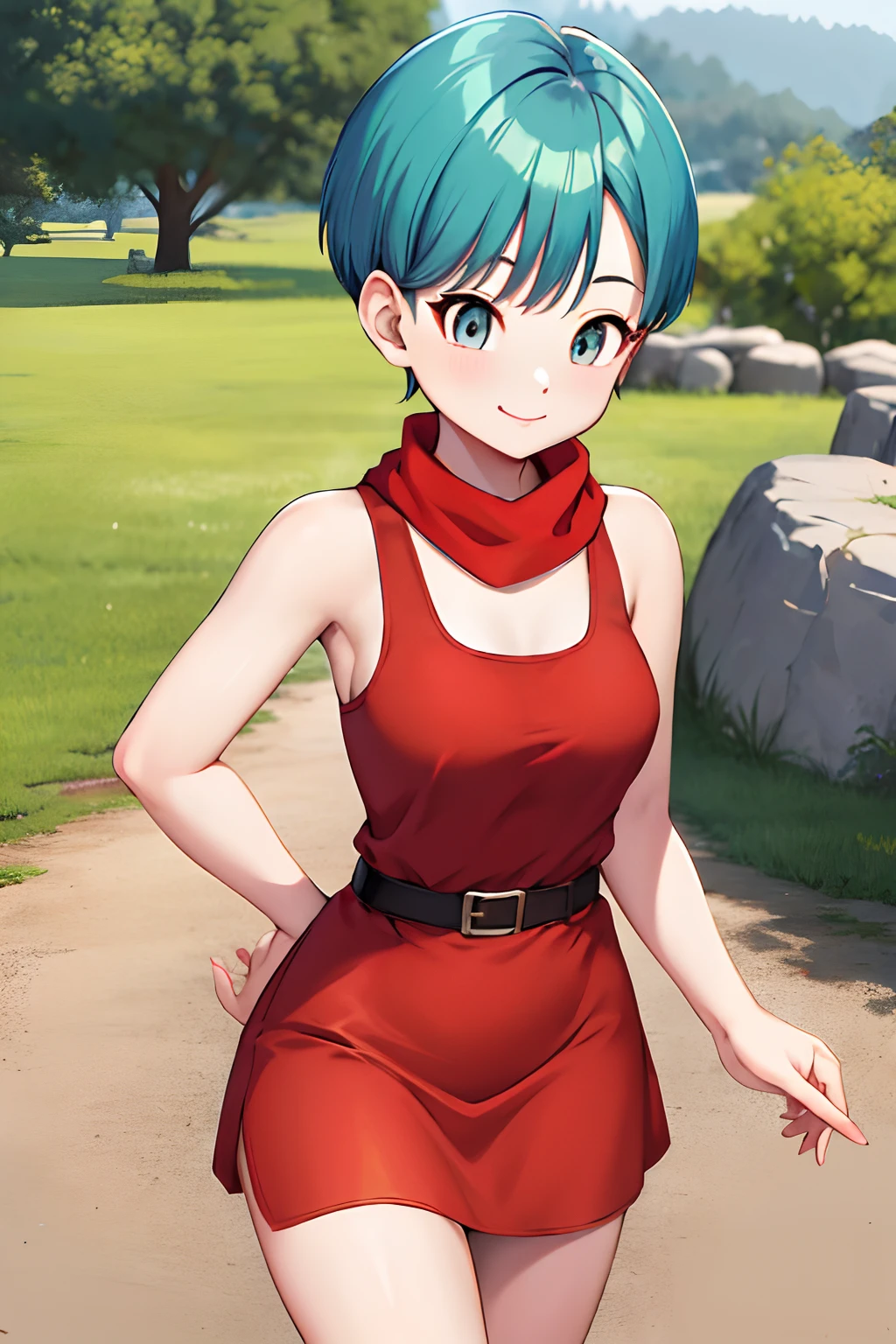 Chibi Burma、Two-headed body、​masterpiece, top-quality, hight resolution, dragon balls, blmshort, aqua hair, extra very short hair, 耳Nipple Ring, jewely, RED dress, medium chest, yellow scarf, short dress, sleeveless, plein air, a smile, cowboy  shot, walking, ruins, buliding