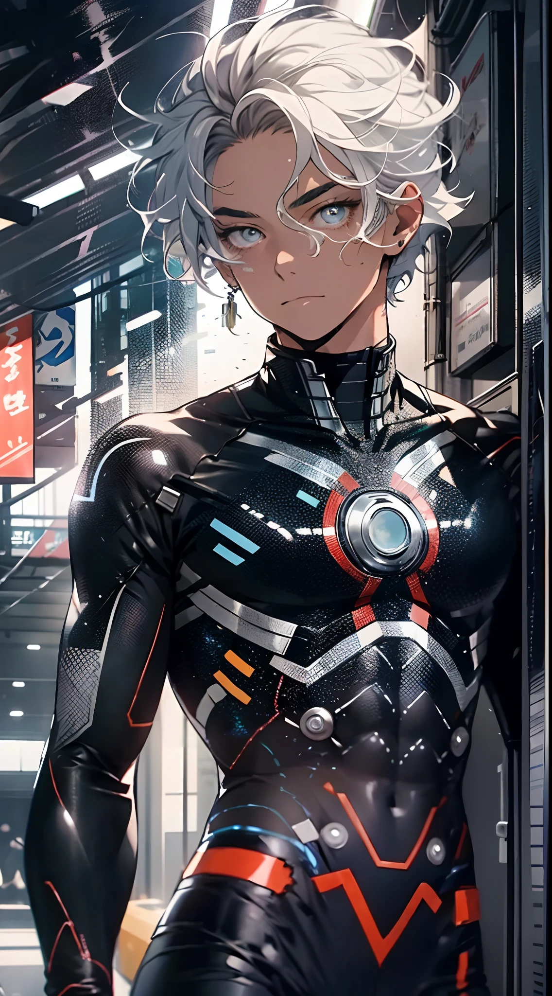 (cyber punk perssonage:1.3) , Black pantsuit, Black T-shirt with, melancholy lighting, A tranquil, peacful, luminance, tmasterpiece, best qualityer, (Ultra photo realsisim:1.3), (tmasterpiece:1.4), best qualtiy, ((realisticlying)), high high quality, ultra - detailed, ((Authentic images)), ((Realistic skin)), ((photorealiscic face)), (illustratio:1.05), (Handsome:1.05), (beatiful detailed eyes:1.05), (cinematric light:1.1), Blue in the detachment, perfect whole body,Black and blue clothes,White sneakers,(Handsome male),(perfect male figure), short detailed hair,Detailed face, Perfect face, (The stands up), Detailed background, ((Bonifasko lighting)), (Detailed eyes), perfect pupils,Abs,chest muscle
