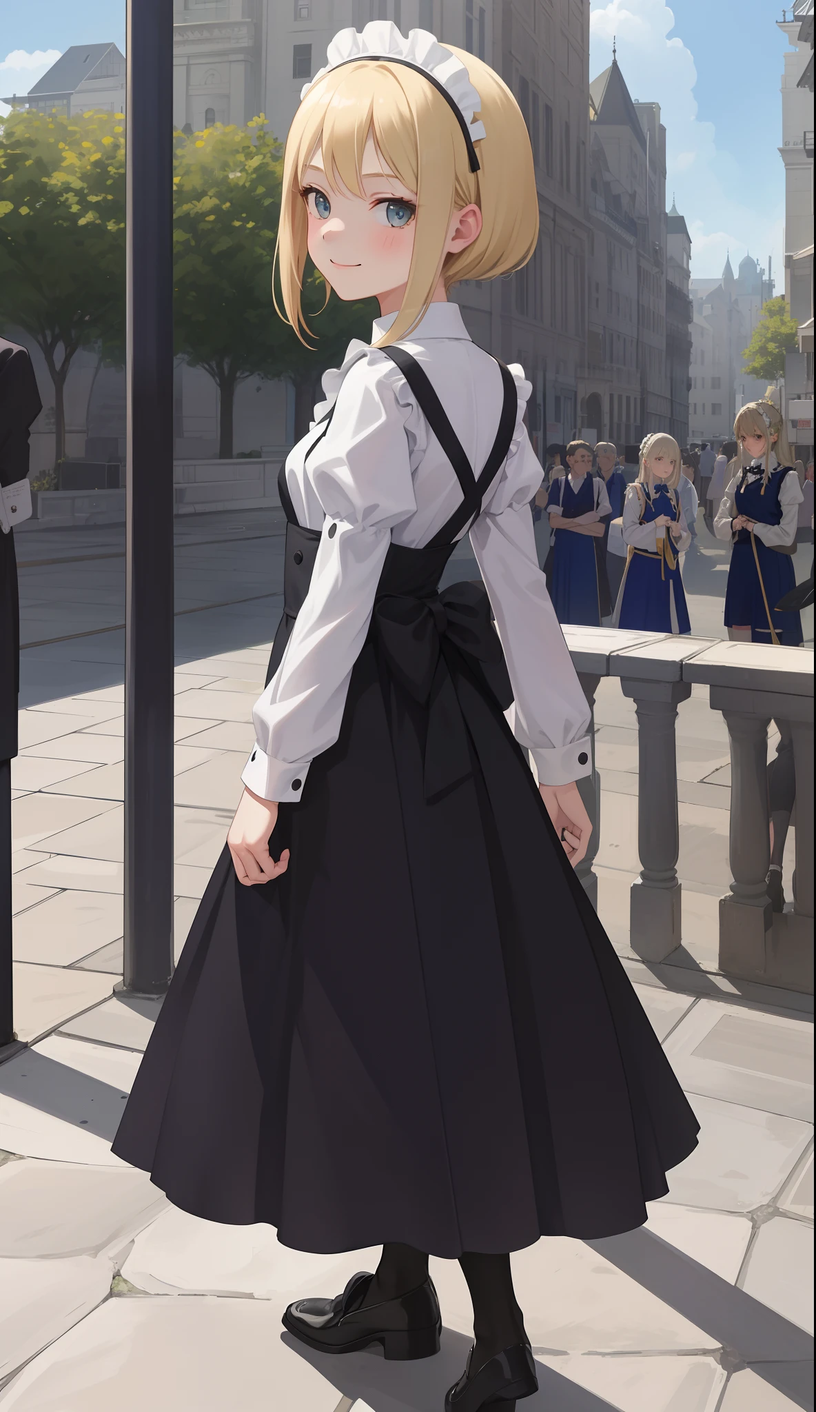 1girl in、AS-Adult、A smile、The shirt、Mini skirt、pantiy、(small tits)、doress、pinafore、Hair decoration、(Maid costume)、Walking with a thigh、Upper body portrait、