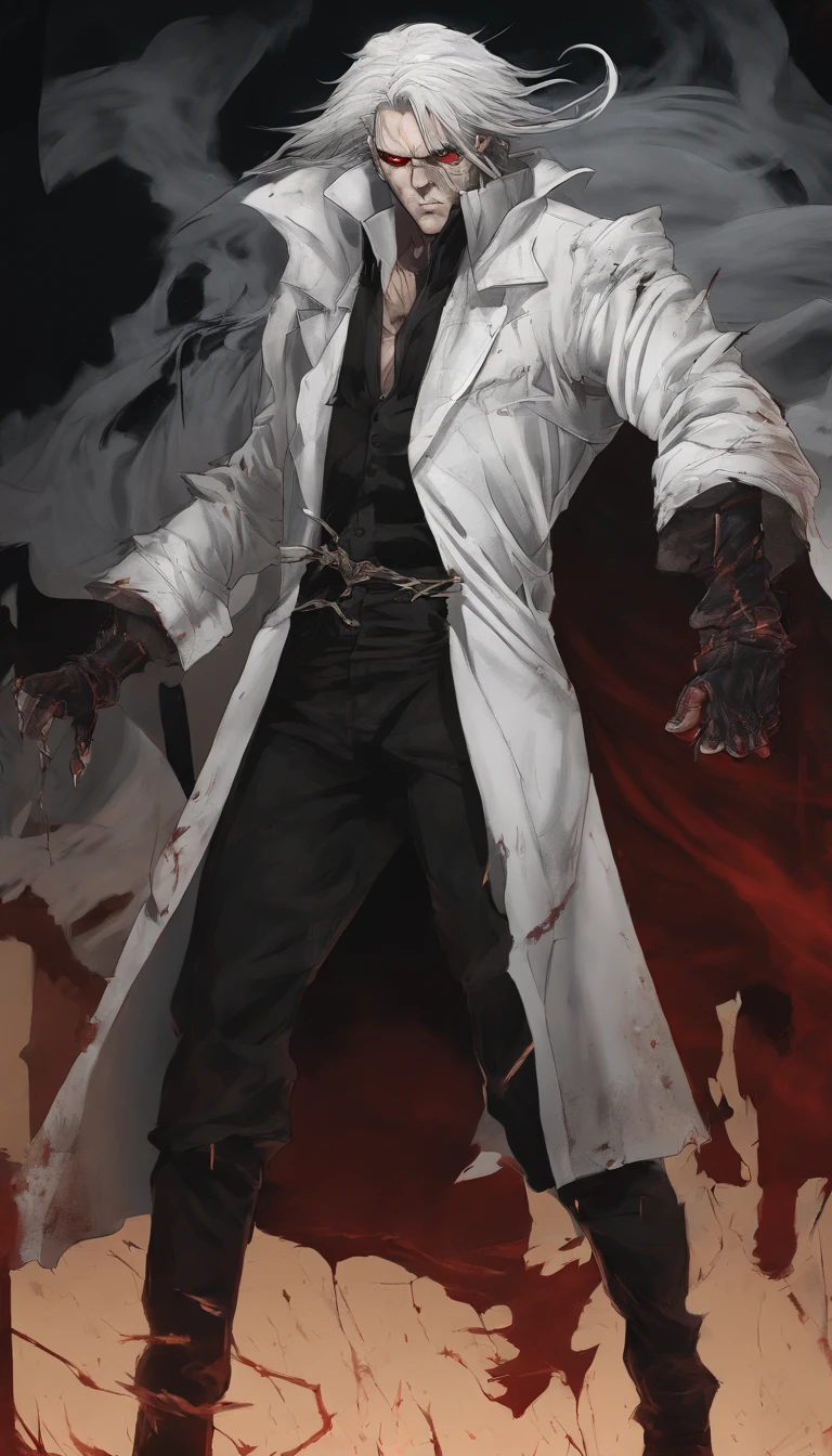 a male anime character with yellow hair and red eyes in red and yellow otfit, character album cover, full art, antasy character, full art illustration, full portrait of elementalist, character profile art, official character art, official character illustration, merlin, high detailed official artwork, game key art, omoide emanon, oz, mobile game art, fangs, smurk, white hair, muscular body, walking pose, white clothes.