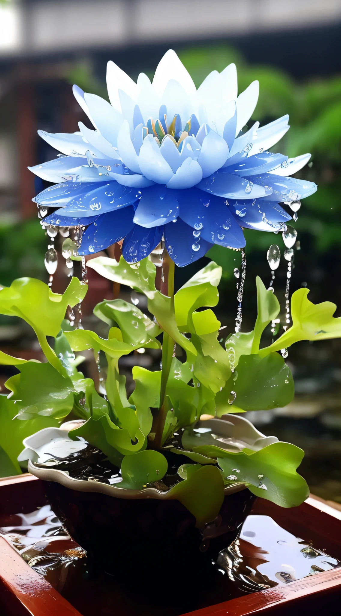 There is a blue flower in the pot on the table, dripping blue natural iwakura, spirited water plants, blue - petals, mind-blowing detail, Beautiful image, flowers rain everywhere, Blue flowers, waterlily mecha nymphaea, after rainny, flowers sea rainning everywhere, alien flowers, crown of blue flowers, blue flowers bloomed all over