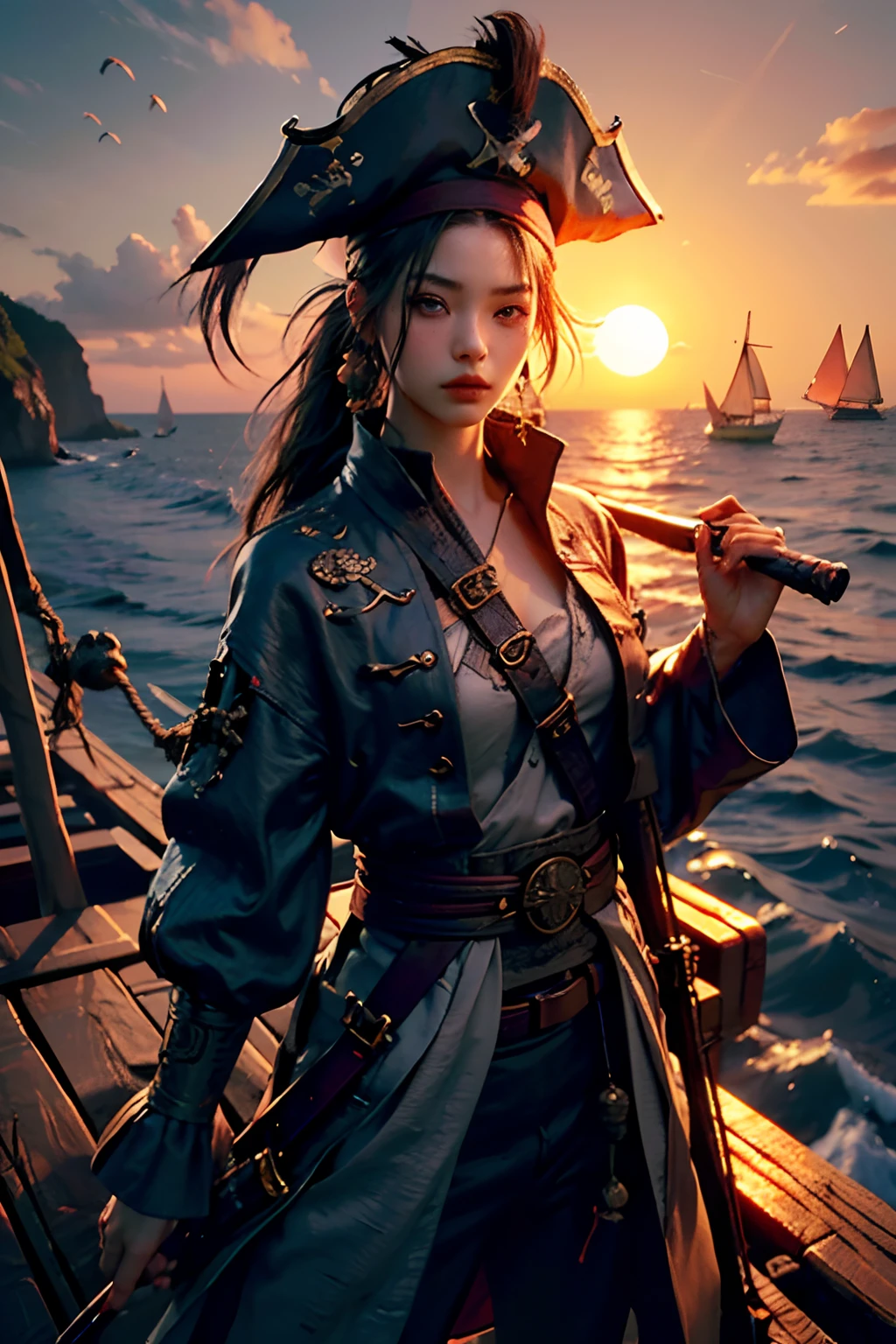 Best quality,masterpiece,ultra high res,(photorealistic:1.4),xiuxian,weapon,Detailed face,
1 girl, beautiful, highly detailed, black neck belt, one eye patch, pirate, pirate hat, round earing, ragged clothes, stylish, open sea, sunset horizon , sailing